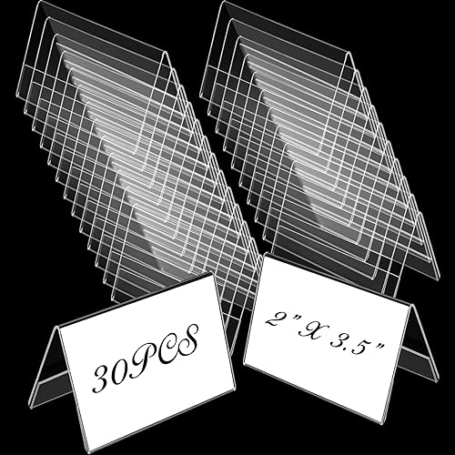 Fulmoon 30 piezas de mini soporte de letrero acrílico, 2 x 3.5 pulgadas, soporte pequeño para letrero transparente, placa de identificación acrílica