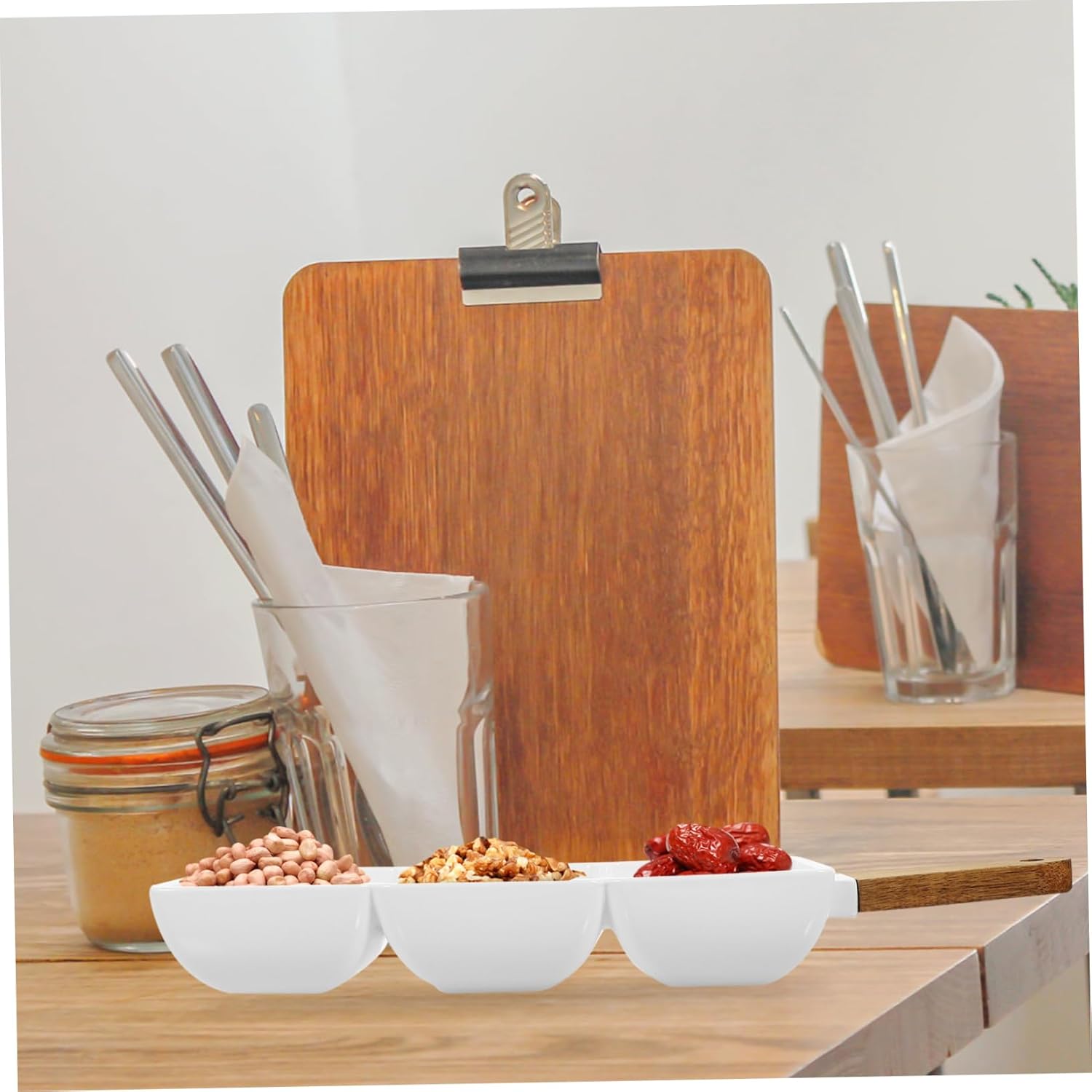 Cabilock 2pcs Ceramic Snack Bowl Wooden Handle Bowls for Side Dishes Serving for Party Sauce Dish Condiment Plate