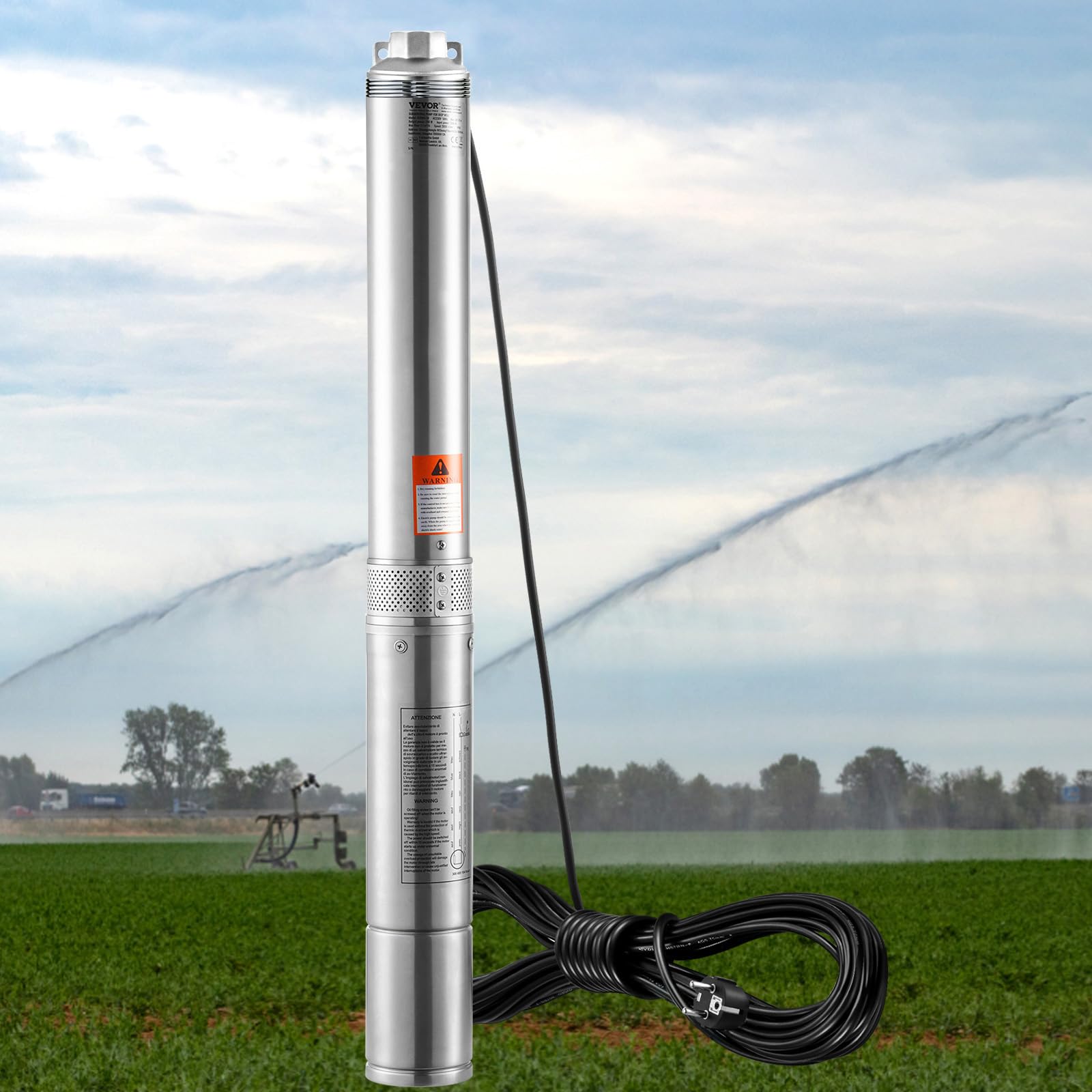 VEVOR Pompa głębinowa, 750 W, 230 V, 60 Hz, maks. przepływ 7,1 m³/h, maks. wysokość tłoczenia 75 m, z kablem zasilającym 9,1 m, pompa wodna ze stali nierdzewnej do przemysłu, nawadniania i użytku