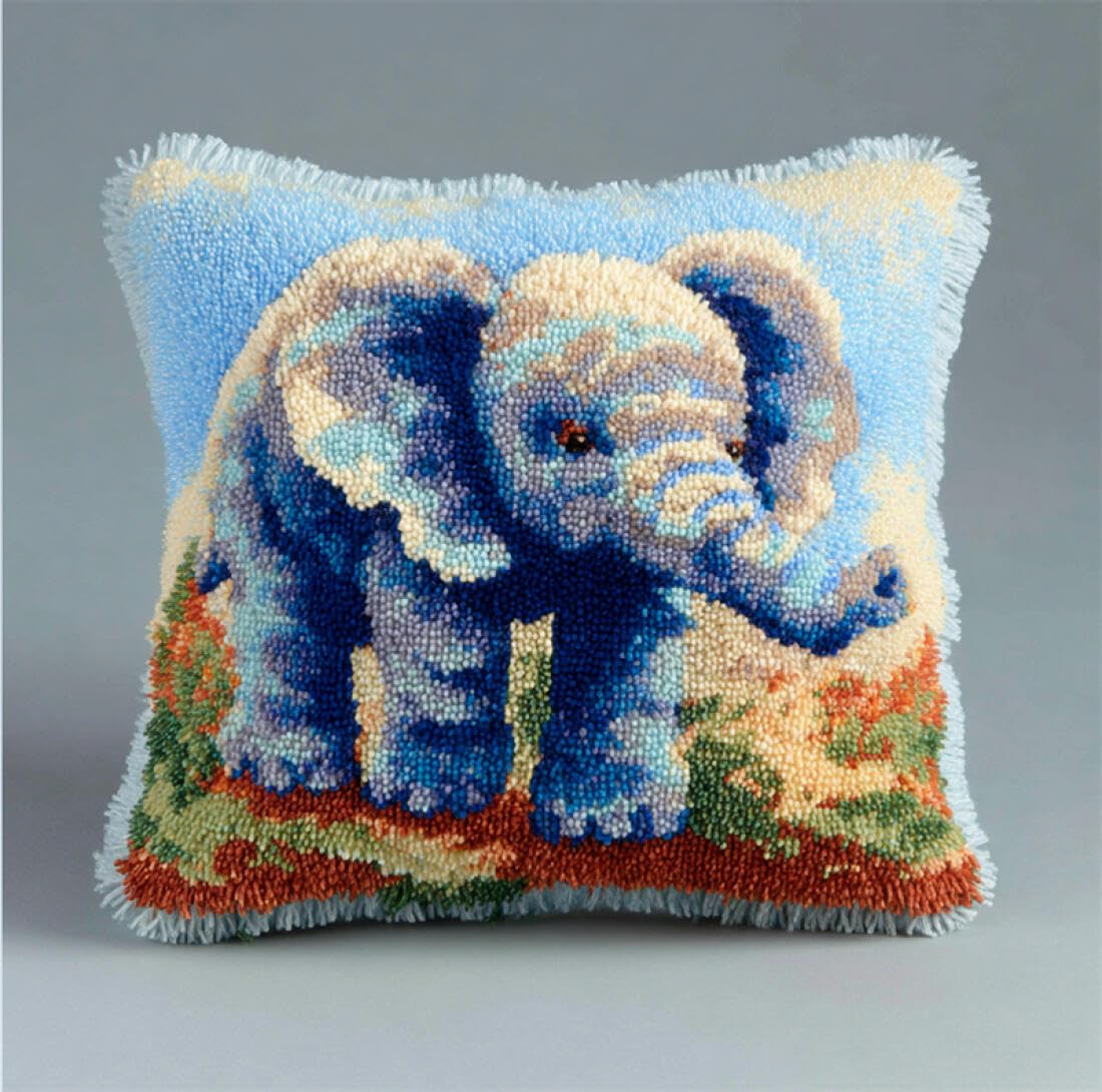 Kitquiver Animal Latch Hook Cushion Craft Kits Cartoon Elephant DIY Latch Hook Kits Pillow Needlepoint Cushion Kit for Home Décor Needlework Set for Adult Beginners 17x17In