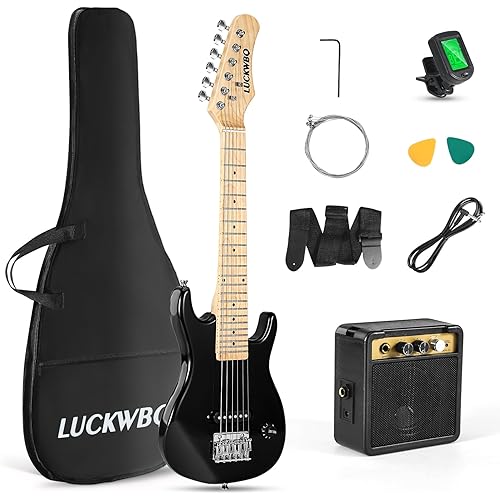 30 Inch Kids Electric Guitar Beginner Kits ST Style Mini Electric Guitar for Boys Girls，Electric guitar Starter Kit w/ 5W Amplifier, Strap, Gig Bag, Strings, tuner，strings，Picks (Black)