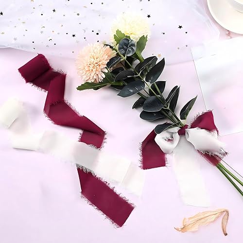 Vista 6 de 6 rollos de cinta de seda hecha a mano con flecos de gasa de 1.5 pulgadas x 3 yardas, cinta colorida para invitaciones de boda, ramos de novia