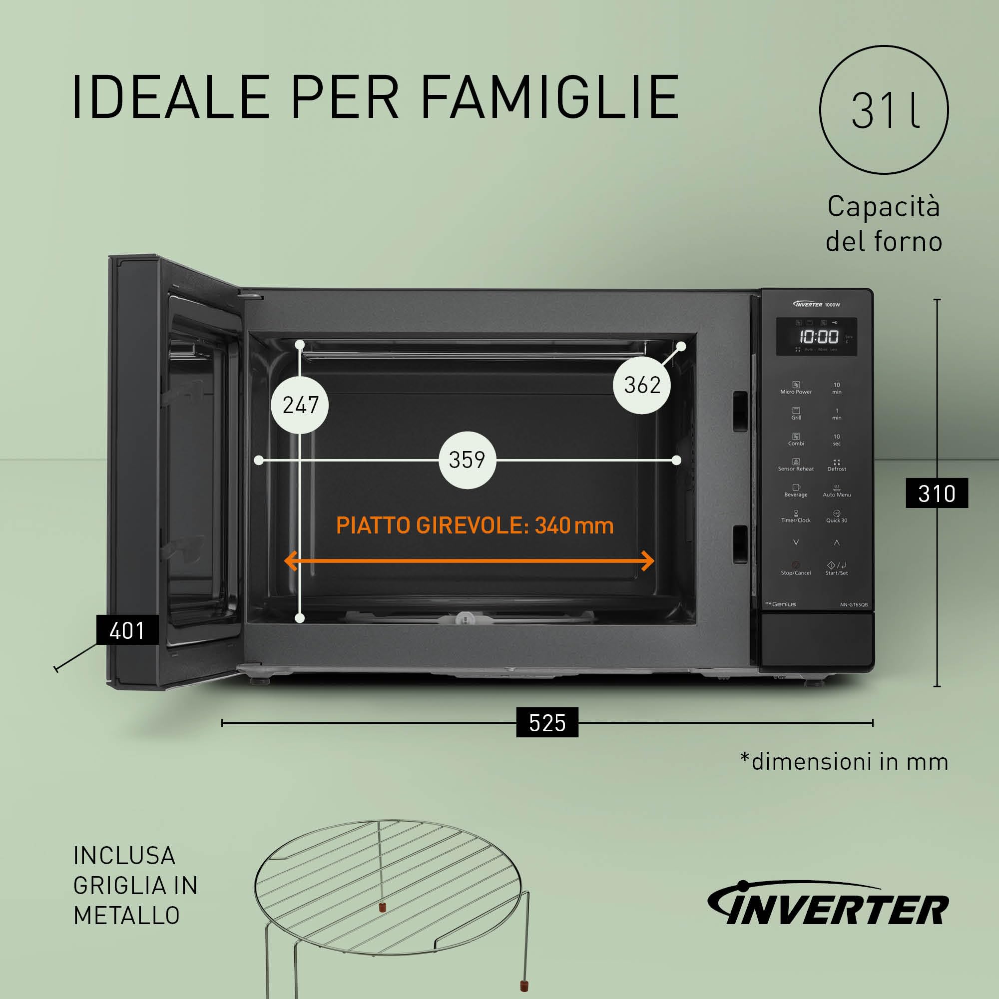Panasonic NN-GT65QBEPG 31L Forno a Microonde Combi Grill, 1000W, Cottura Combinata, 7 Livelli di Potenza, Turbo Defrost, LED, Piatto Rotante, Nero