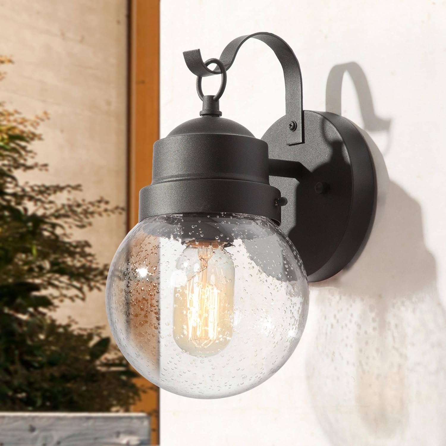 LALUZ Outdoor Porch Wall Lighting, Anti-Rust Exterior Wall Light Fixture with Globe Seeded Glass, Weather-Proof Outdoor Sconce Lights Black Outside Wall Lantern for Patio, Garage, Yards
