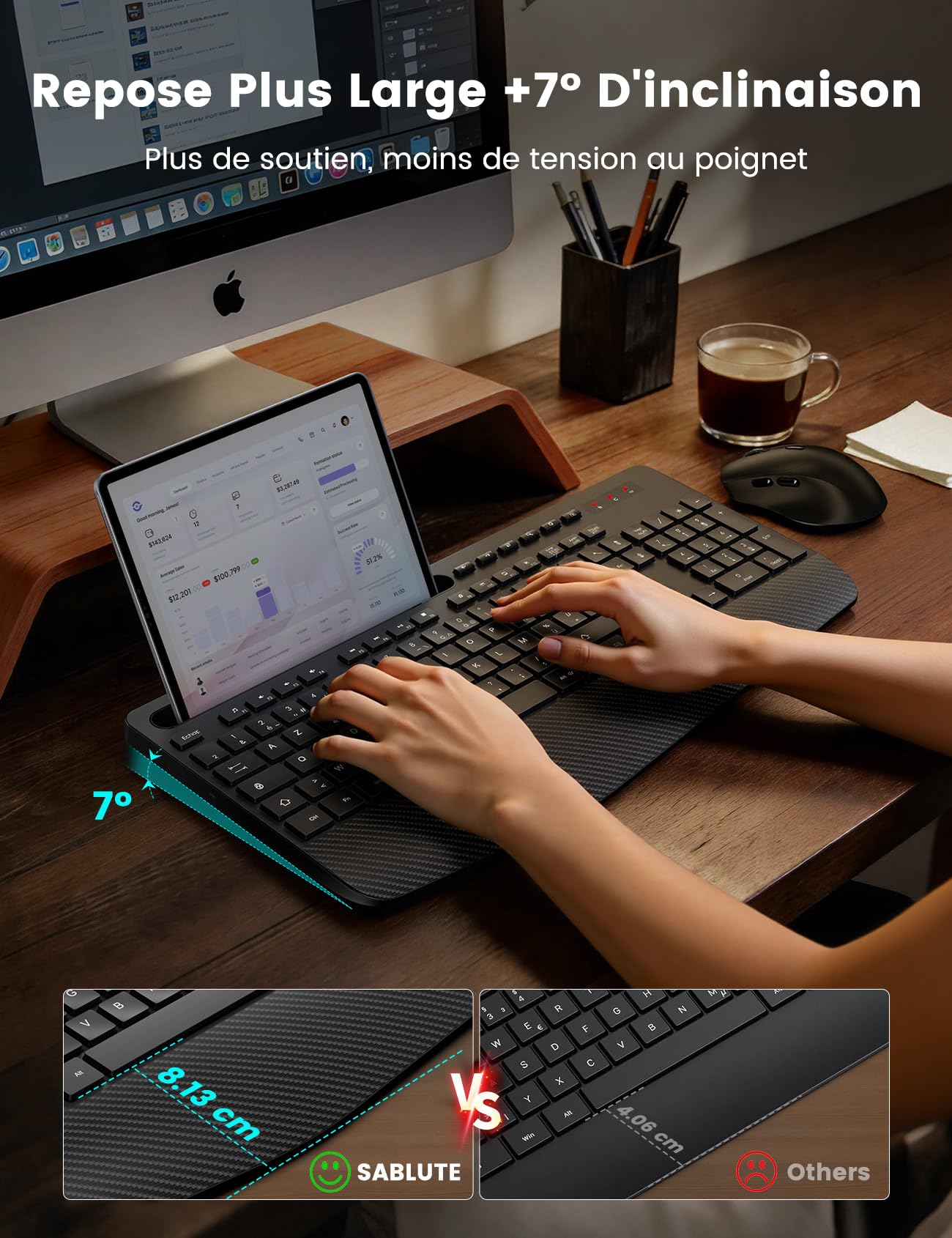 Ensemble Clavier et Souris sans Fil, Ergonomique Pleine Taille Clavier avec Repose-Poignet, Support, Mode Veille, 2,4 GHz Silencieux Clavier Souris pour Windows, PC, Laptop, AZERTY-KM23 (Noir)