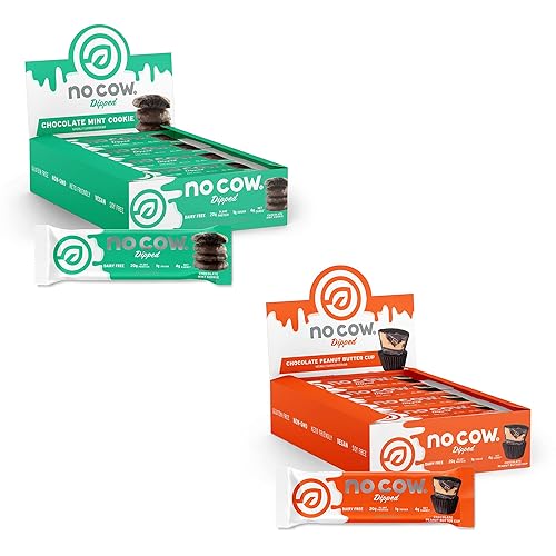 No Cow Barras altas en proteínas, galletas de chocolate y menta, paquete de 12 + taza de mantequilla de maní, paquete de 12 unidades, 0.73 onzas de
