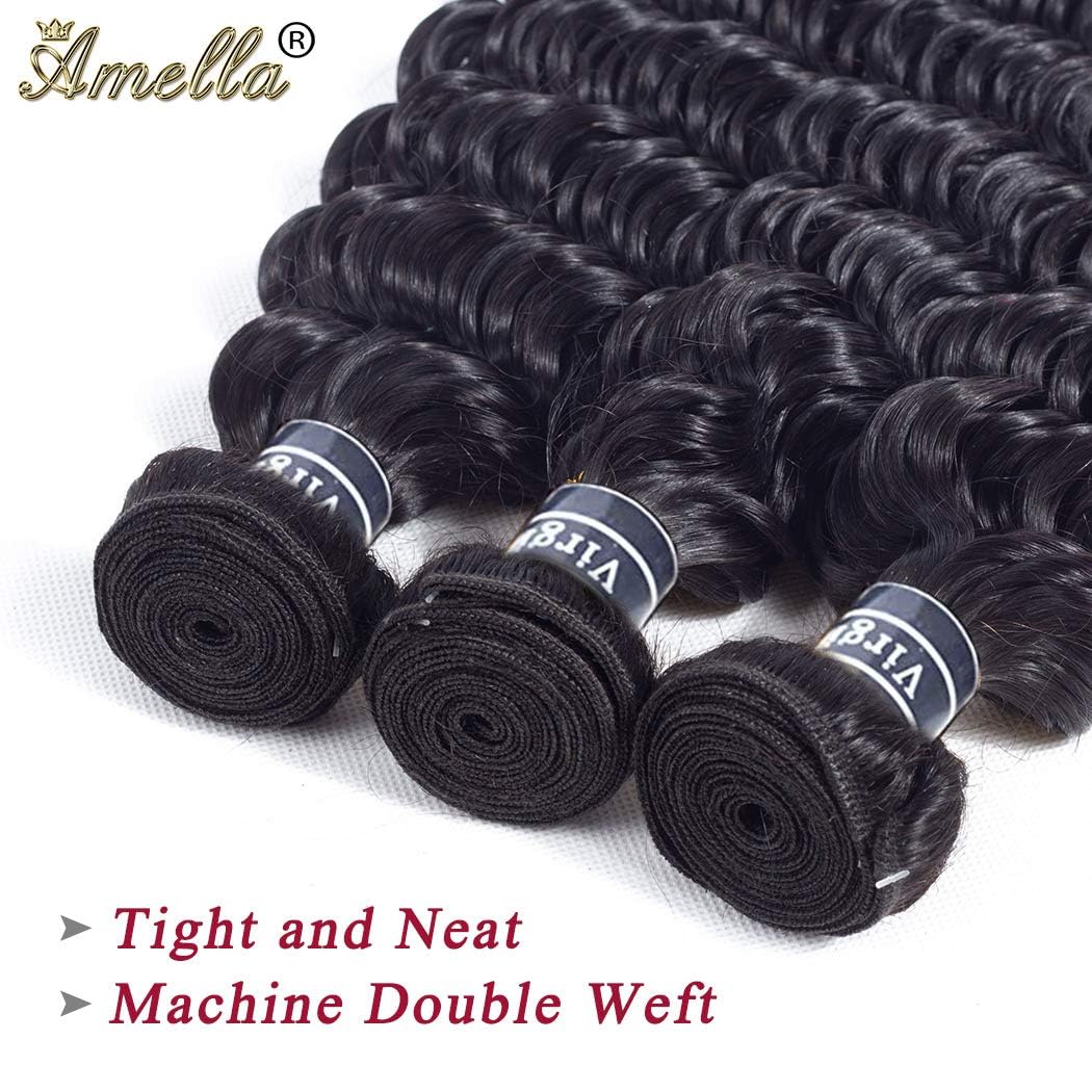 Amella Hair Brazilian Deep Wave Hair Bundles 14Inch 100% Unprocessed 1 Bundle Deep Wave Hair Weave Bundles Deep Curly Human Hair Bundles Natural Color