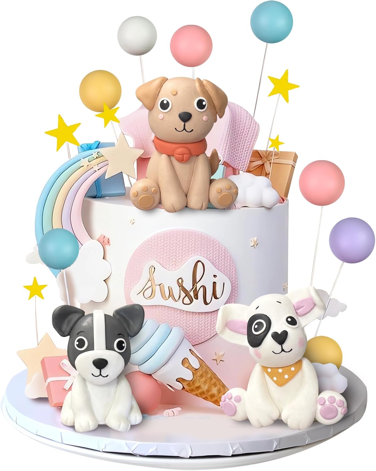 ZXSWEET Cute Clay Dog Cake Toppers with Stars Clouds Balls - Paw Party Pet Dog Theme Decorations