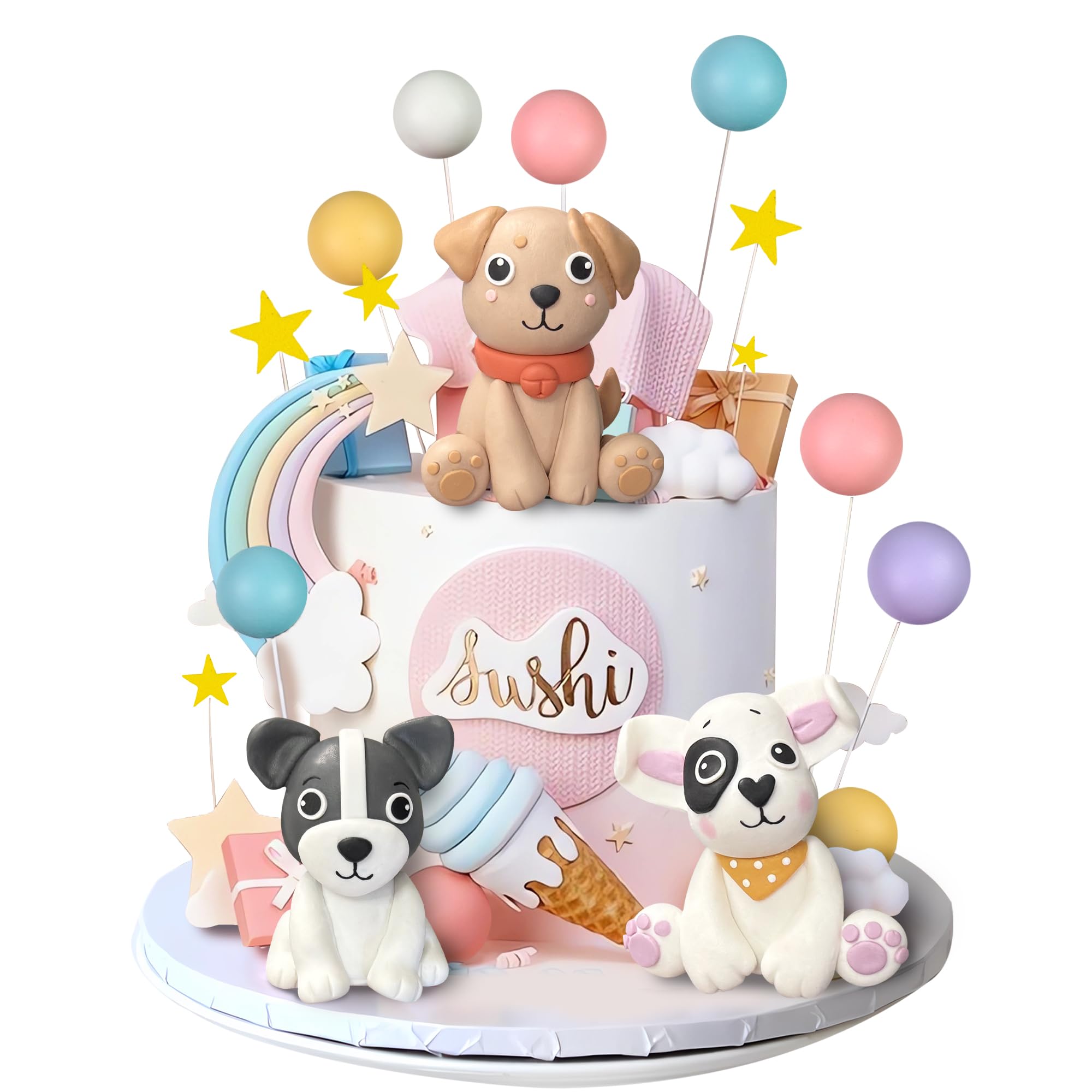 Dog Cake Topper Clay Dog Figurines Star Cloud Ball Cake Toppers Decorations for Dog Theme Paw Cute Pet Decoration Supplies