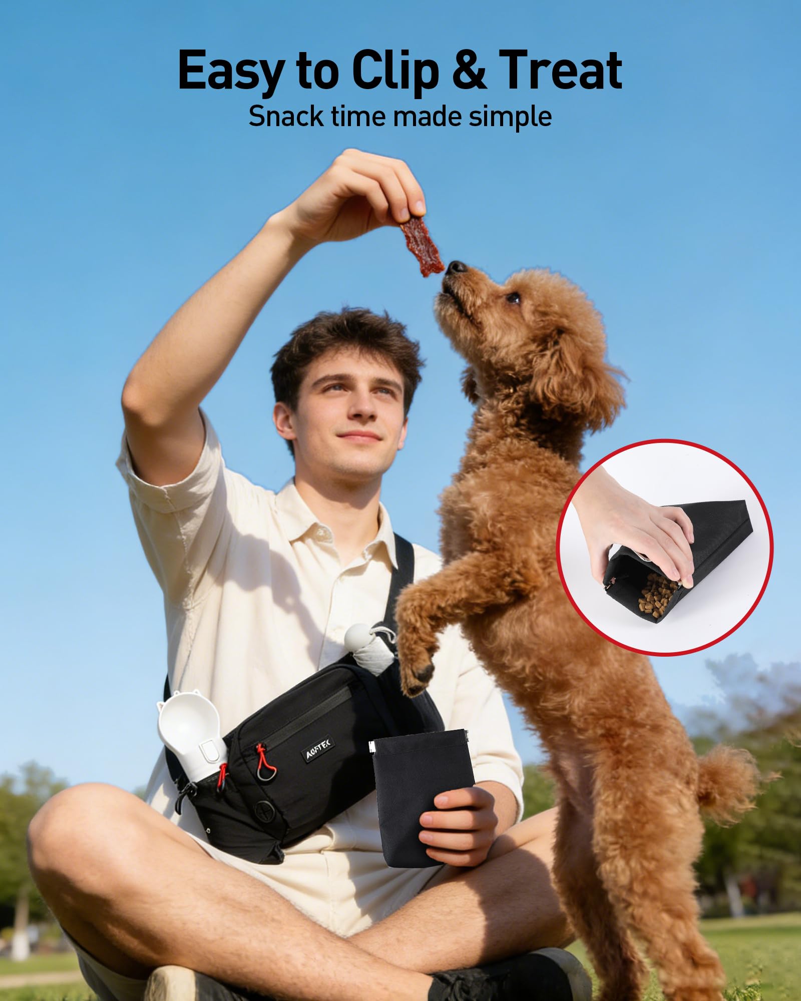 AGPTEK Sac à Friandises pour Chien, Sac Banane Grande Capacité Dressage Canin, Imperméable, Poche Amovible, Porte-Gourde, Distributeur de Sacs à Déjections, Fermeture Étanche, Sangle Ajustable, Noir