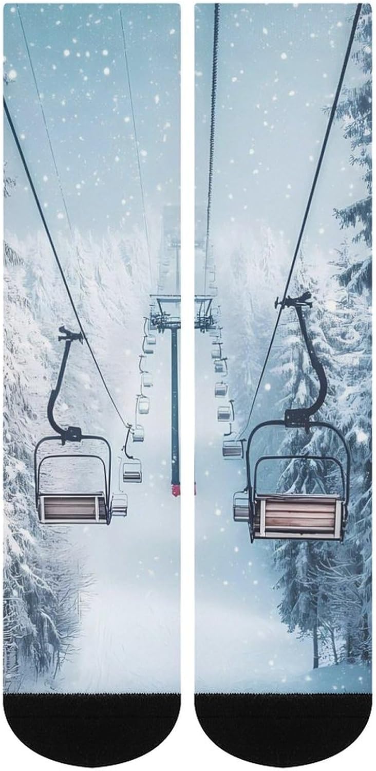 Winter Snowy Ski Skiing Lift Forests Knee High Socks Athletic Long Stockings Sport Casual Crew Tube Sock Boot 40cm