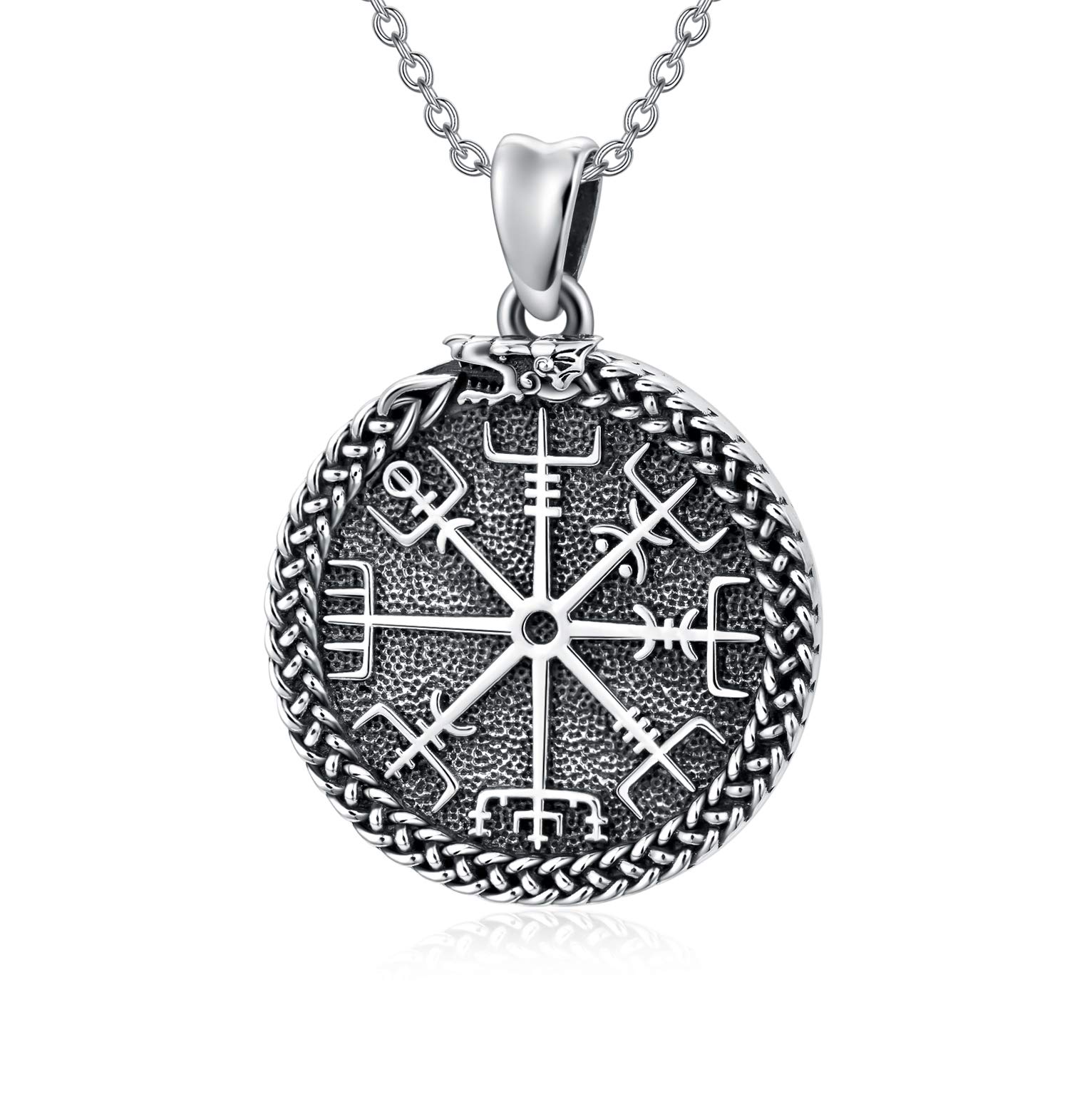 PELOVNY Viking Necklace Sterling Silver Vegvisir Pendant/Viking Dragon/Nordic Viking Runes Compass Necklace Protection Amulet Necklace for Men