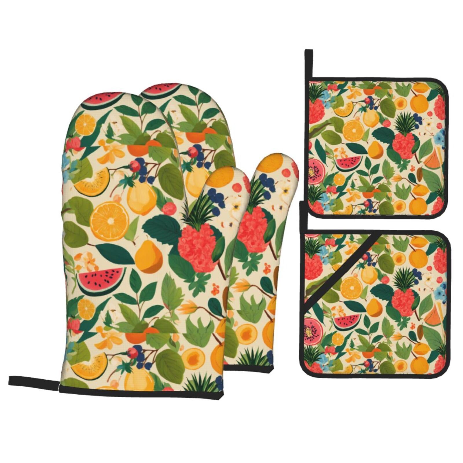 Hojas Tropicales Y Flores Print Kitchen Oven Mitts And Pot Holders Set,Hanging Loop Design For Cooking Baking Bbq
