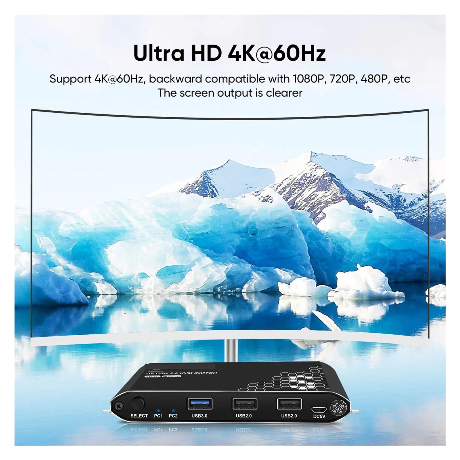 Przełącznik Wideo, Przełącznik KVM, 2 porty, rozdzielczość 4K przy 60 Hz, umożliwiający współdzielenie jednego lub dwóch monitorów przez dwa komputery, w zestawie kable HDCP 2.2 i USB