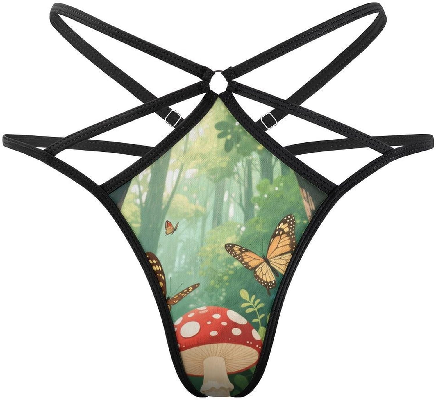 Women's Sexy G-String Thong Panties, Sheer Mesh T-back Underpants | Red Mushroom Butterfly Breathable Stretchy Low Rise Underwear, Comfort Soft No Show Panties for Date Night, 3X-Large