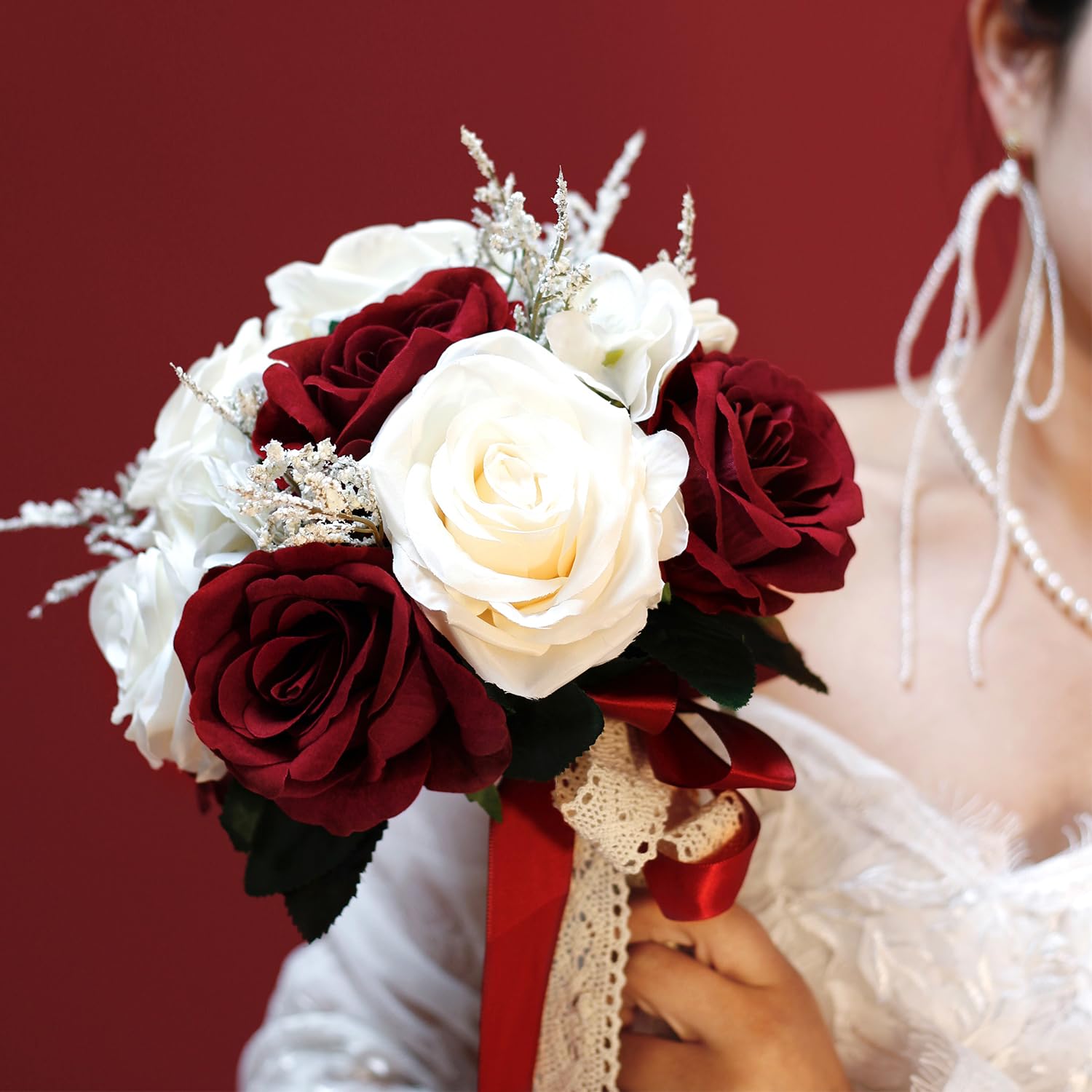 Hochzeitssträuße für Braut, Brautjungfer, weiß, champagnerrot, Burgunderrot, künstliche Rose, künstliche Seidenblumen, Brautsträuße für Hochzeit, mit Band, Boho, rustikale Kirchendekoration