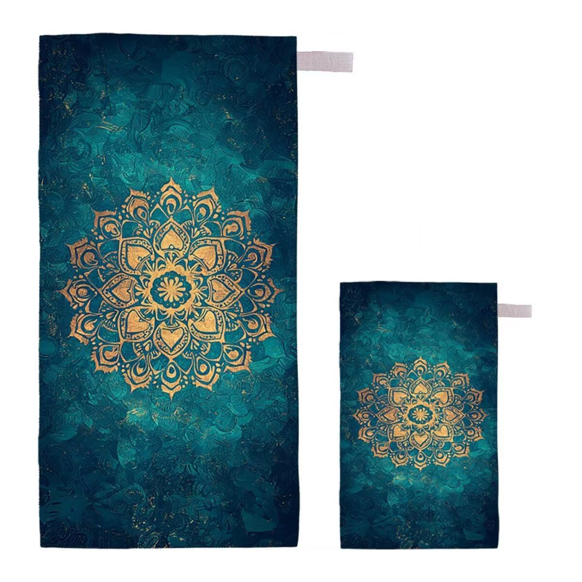 Strandtuch XXL 220x100cm/35x70cm 2er Set Mikrofaser Strandtuch, Schnelltrocknend Strandliege Kompakt Sandfrei Saunahandtuch mit Tasche, Mikrofaser Handtuch für Strand Reise Urlaub (Mandala) H-45
