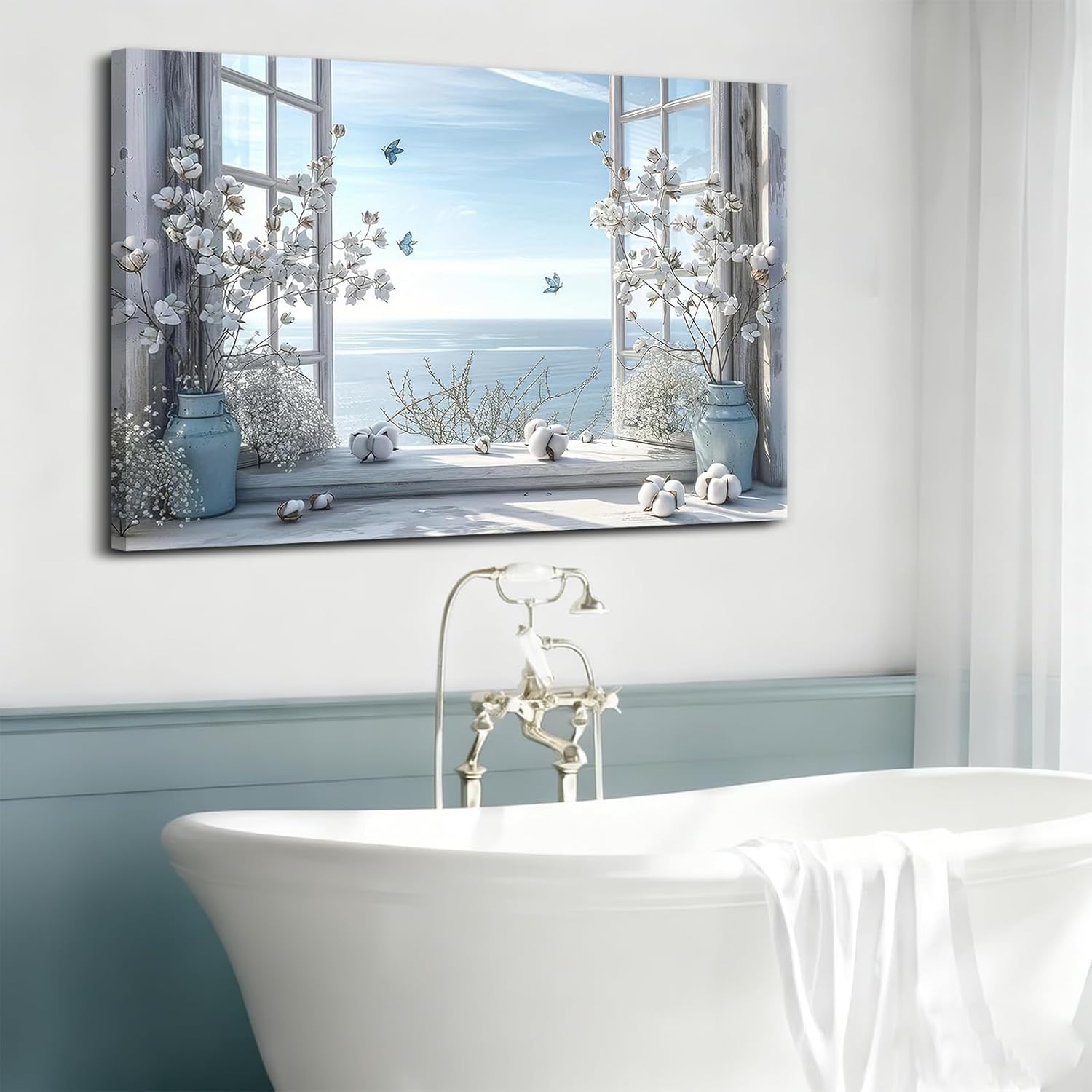 Coastal Flower Bathroom Canvas Wall Art Farmhouse Cotton Bouquet and Butterfly Bathroom on Window Wall Decor Rustic Blue Beach Butterfly Poster Print for Living Room Bedroom Restroom Home Decoration