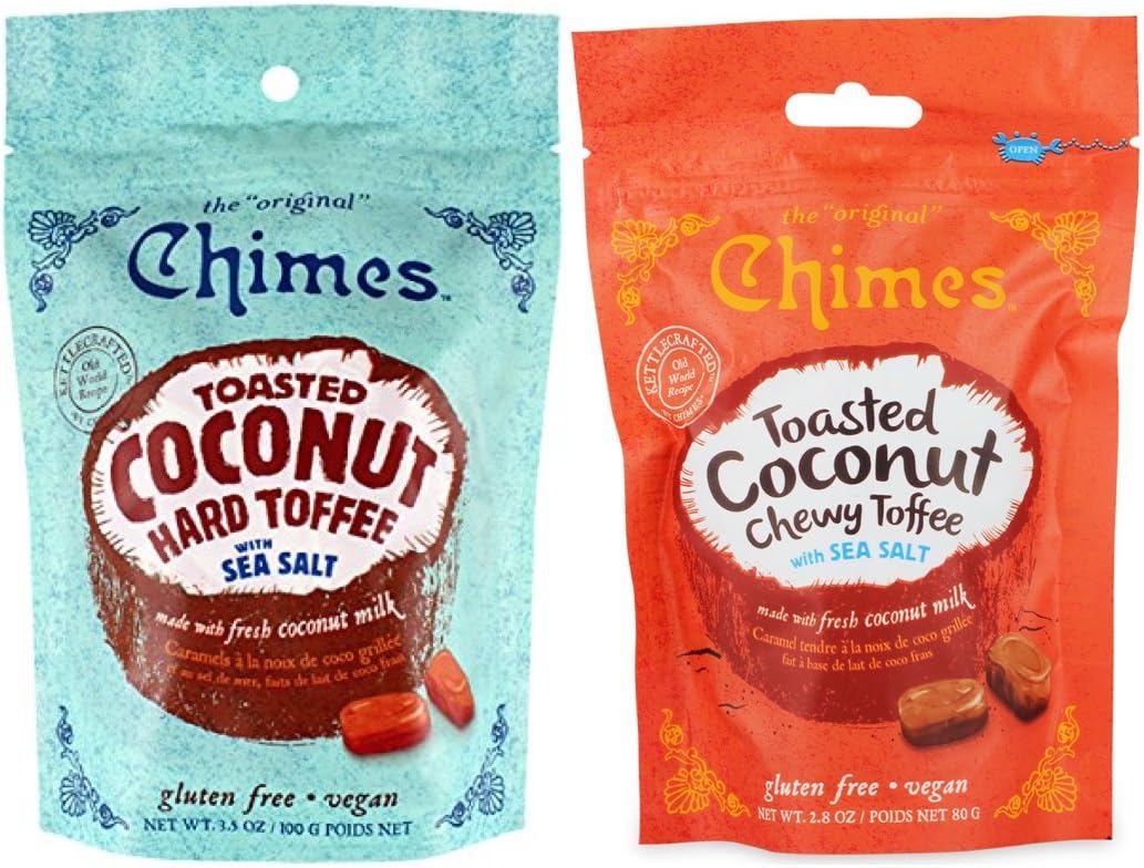VEGAN Toasted Coconut Toffee Set (2 pack)- (1) 3.5oz Bag Hard Toffee with Sea Salt Bg & (1) 2.8oz Bag Chewy Toffee with Sea Salt - Gluten Free, VEGAN, Made with REAL Coconut Milk!