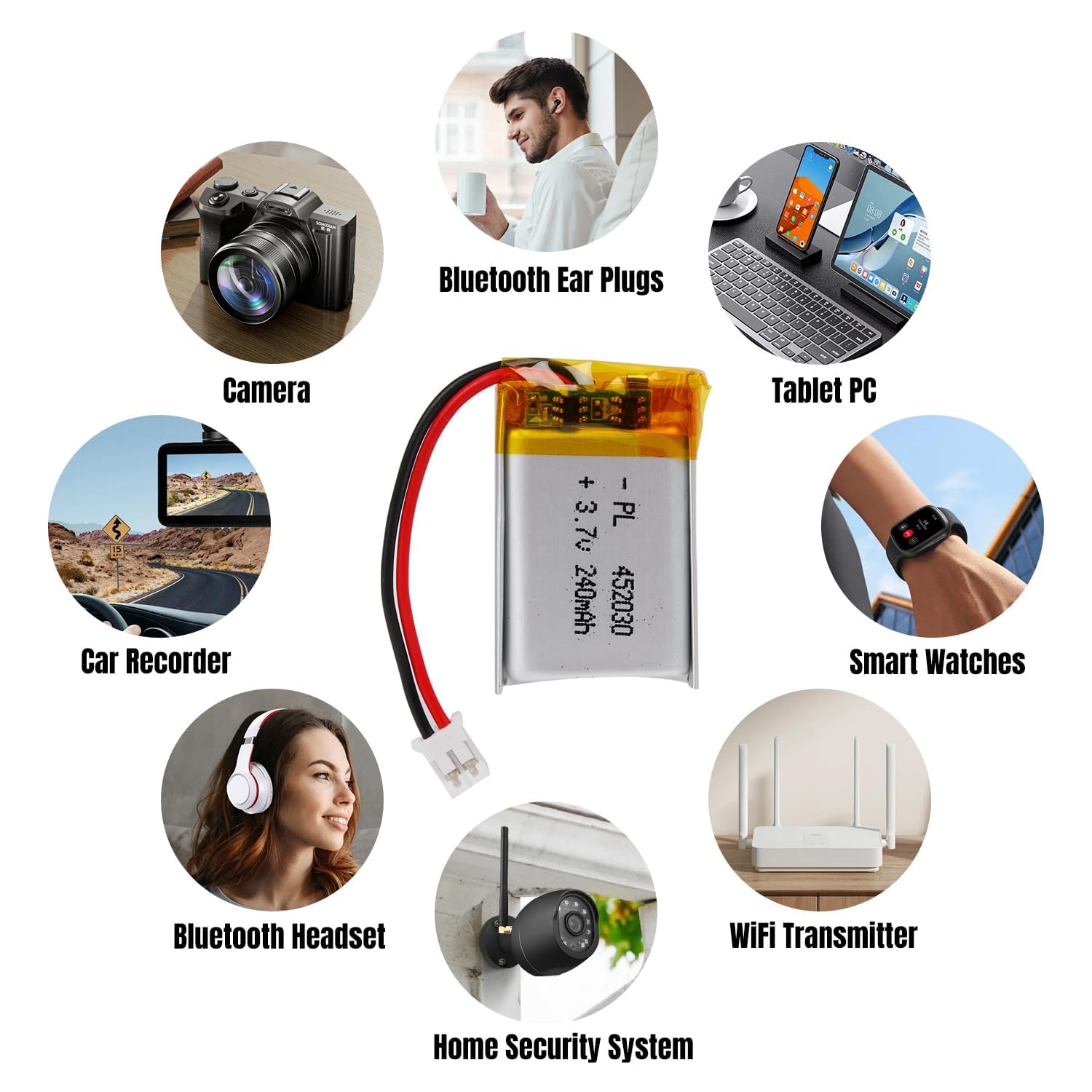 3.7V Lipo battery, 3.7V 240mAh 452030 Lithium Polymer Ion with 2P-PH connection with 2.0 mm pitch — view 6