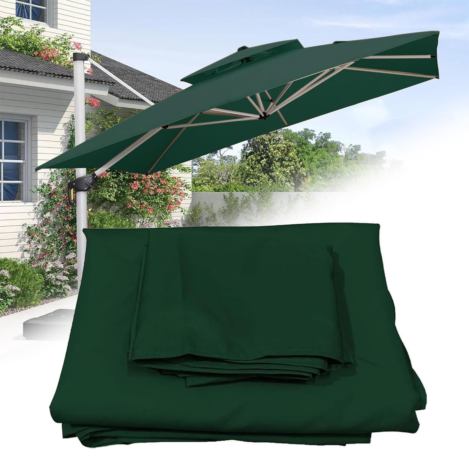 8 Ribs Outdoor Umbrella Canopy Replacement Square 3x3M 2.5x2.5M Patio Hanging Offset Cantilever Parasol Umbrella Cover Canopy, Waterproof, For Backyard Garden Beach Sun Shade Top Canopy(Dark-Green,2.5