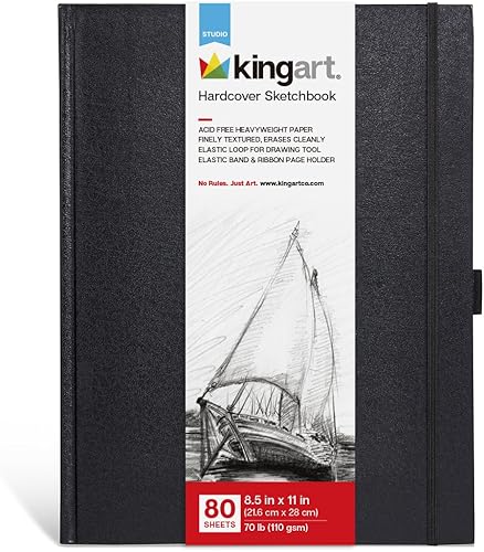 KINGART Cuaderno de bocetos de tapa dura negra de 8.5 x 11 pulgadas, encuadernado perfecto, para medios húmedos y secos, 160 páginas, 80 hojas