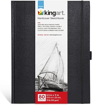 KINGART Hardcover Sketchbook Journal 8.5 x 11 Inch, 1-Pack 80 Sheets 160 Pages, 70 lb 110 GSM Acid-Free Heavyweight Black Bound Notebook