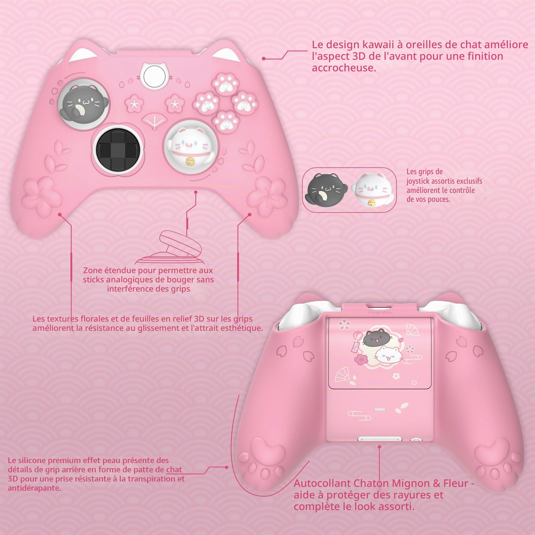 playvital Coque de Protection pour Xbox Series X S Manette Accessoires,Housse Grip en Silicone avec Capuchons de Joystick & Autocollant pour Xbox Core Controller Cover Skin-Rose