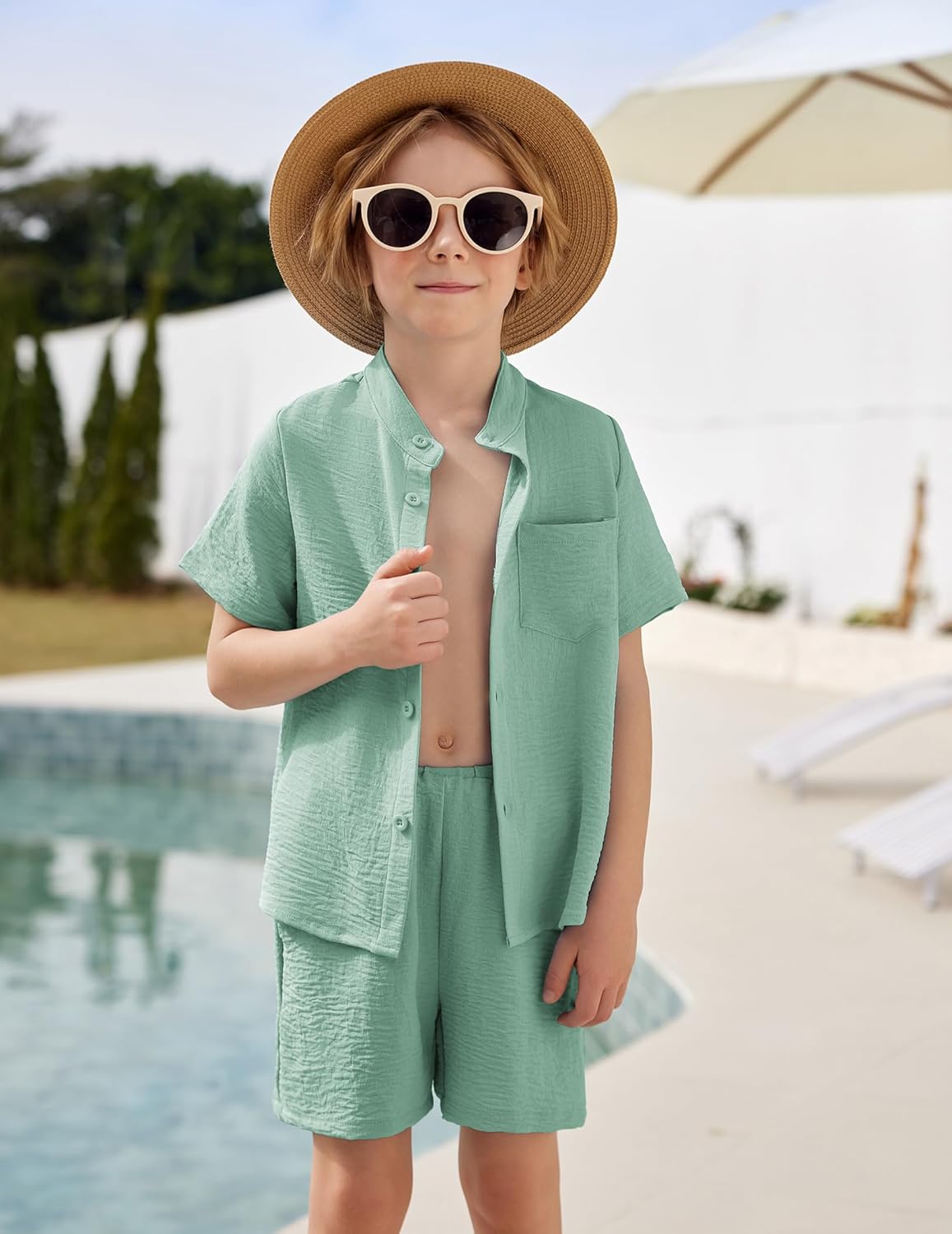 Arshiner Toddler Boys 2 Piece Set Short Sleeve Button Down Shirt and Shorts Vacation Texture Outfits with Pocket 2-8 Years - Image 4