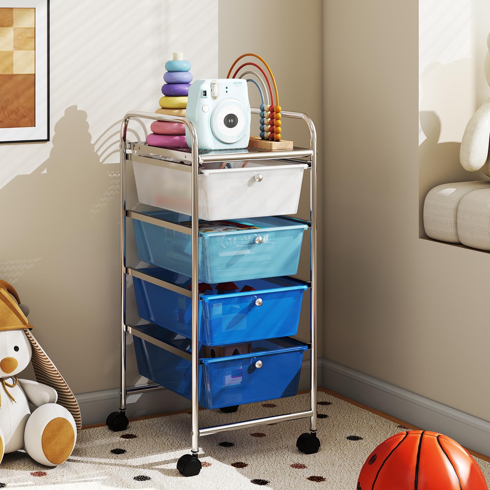 GIANTEX Chariot de salle de bain avec 4 tiroirs empilables - Chariot de rangement pour cuisine, salle de bain, bureau - 32 x 37 x 76 cm - Bleu