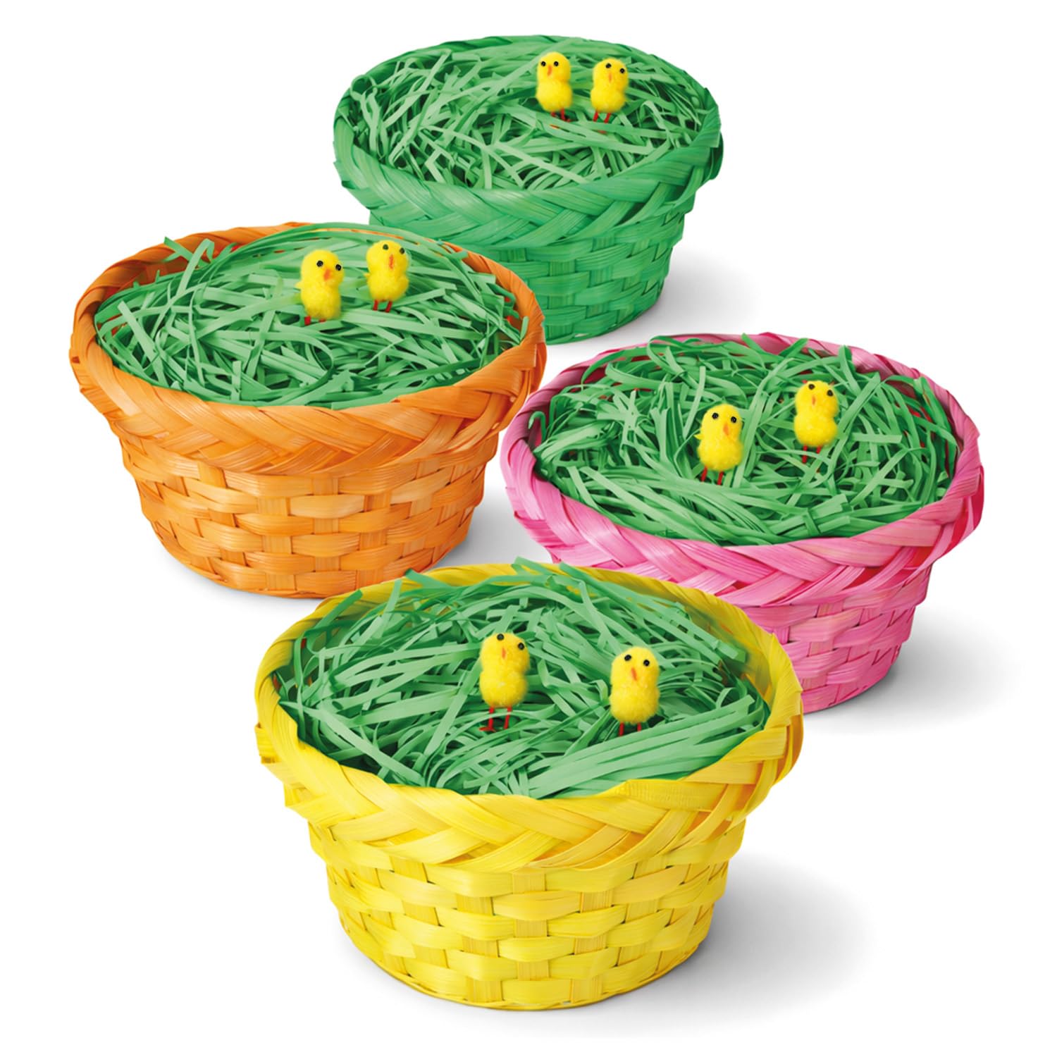 Festicy Osterkörbchen Set mit 4 Körben I Ø19 x 10 cm I inkl. Grünem Ostergras 100 g und 8 Küken I Osternest Gefüllt für Kinder I Osterkorb für Kinder I Easter Basket I Oster Deko Geschenkidee