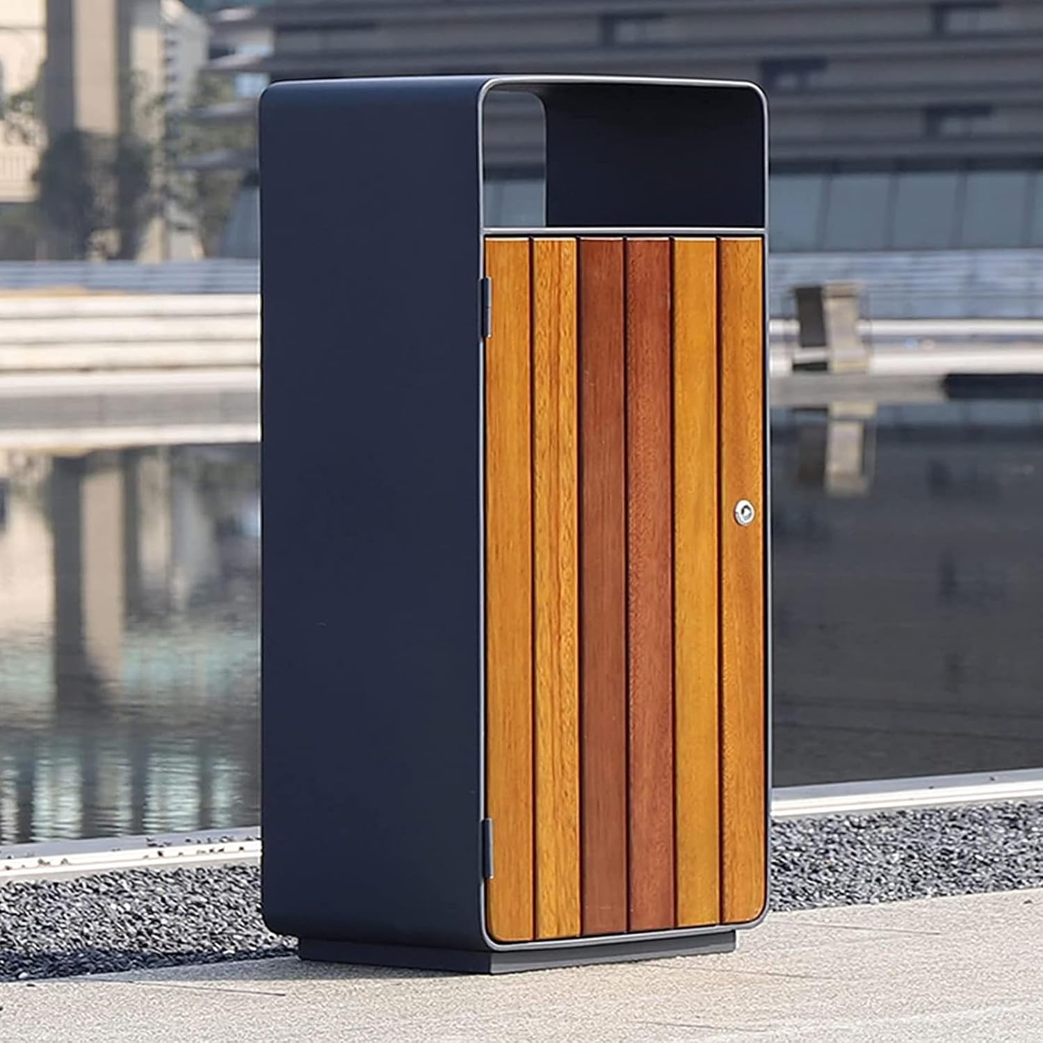 NOLLAM Garbage Storage Bucket, Durable Steel Trash Can with Wood Panel, Outdoor Bin for Trash and Rubbish, 55l Simple Large-Capacity Garbage Can for Outdoor Waste Recycle Bin