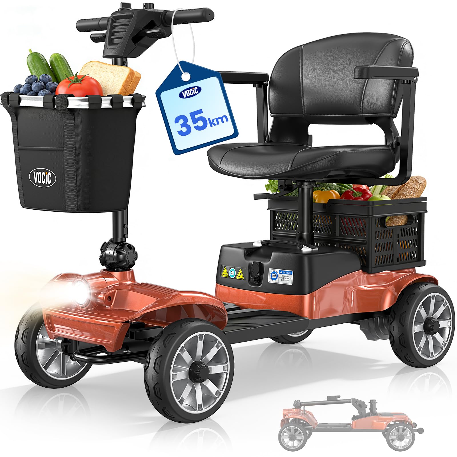 VOCIC D35 Scooter elettrico pieghevole 35 chilometri, doppio cestino 40L | portata fino a 150 kg, ruote da 20 cm, sedile ergonomico regolabile, batteria rimovibile per anziani (Arancione Rosso)