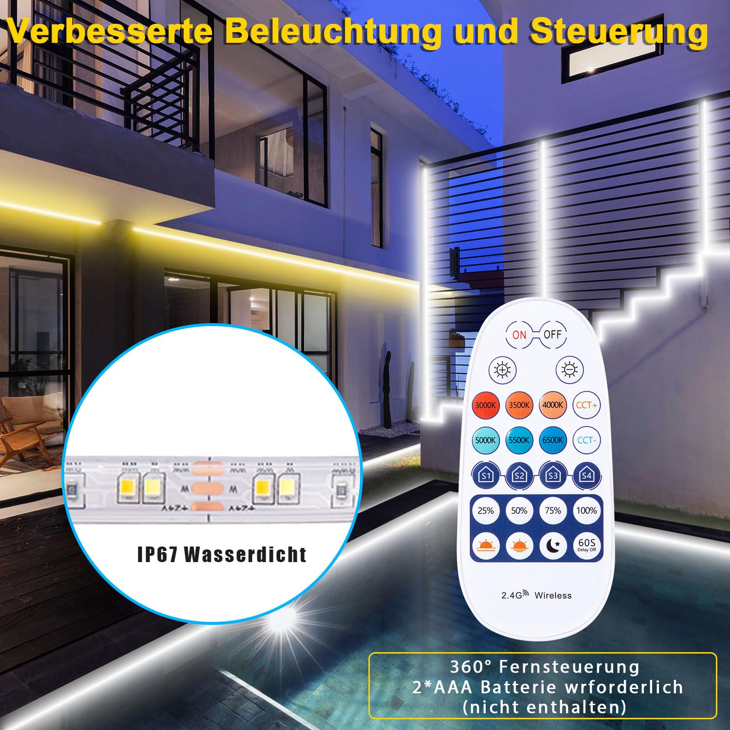 LED Streifen Aussenbereich,Warmweiss bis Kaltweiß Dimmbar, Outdoor Led Strip Alexa Kompatibel WiFi App & Fernbedienung, 24V LED Streifen IP67 Wasserdicht band Selbstklebend für Küche, Terrassen (30m)