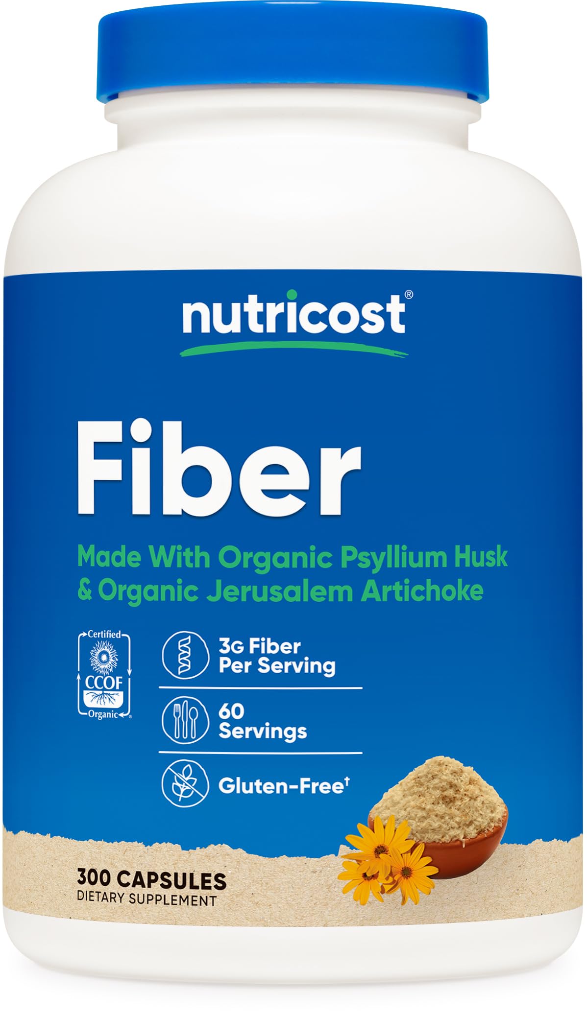 Nutricost Fiber Capsules with Prebiotic Fiber Supplement 300 Capsules - Made with Organic Psyllium Husk & Organic Jerusalem Artichoke, 60 Servings, Gluten Free, 3 G Per Serving