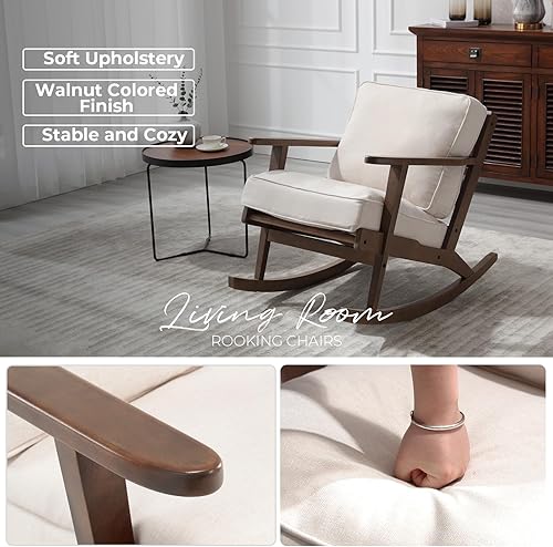 Miniatura 4 de LZAREAL Mecedoras decorativas para sala de estar, silla con brazo de lectura moderna de mediados de siglo, silla tapizada de tela de lino con marco