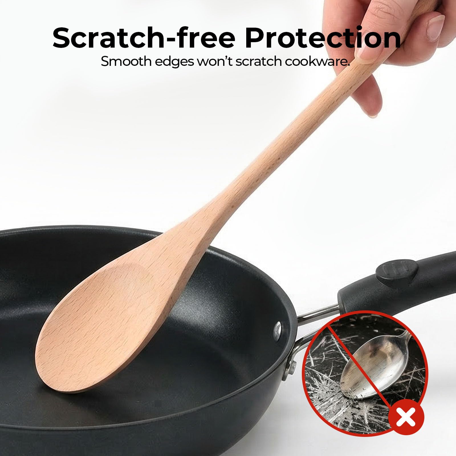 HANSGO 3 cucharas de madera para cocinar, cucharas mezcladoras de mango largo de 12 pulgadas para hornear, degustar, remover alimentos, sopas calientes, utensilios de madera grandes para utensilios de