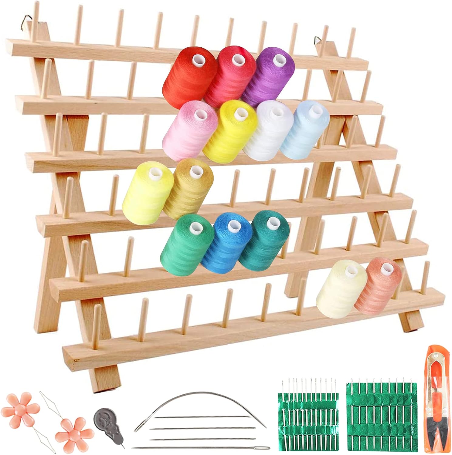 Thread Holder, 60 Spools Wooden Thread Rack with Needles Sewing ...