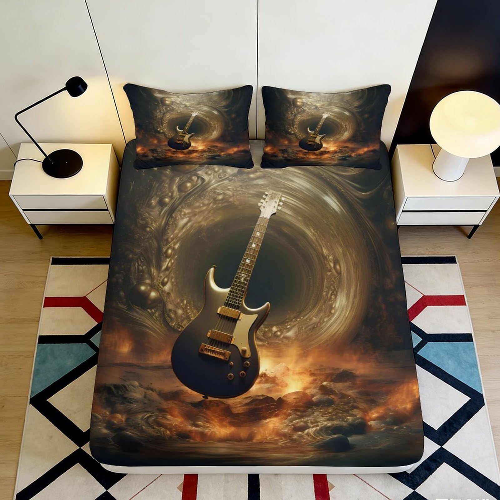 Jqzkxnhpbr Style-2 3D Printed Guitar Fire Fitted Sheet Microfiber Soft Breathable Music Bed Cover For Bedroom Dorm Mattress Protection Decor 90X200x25cm