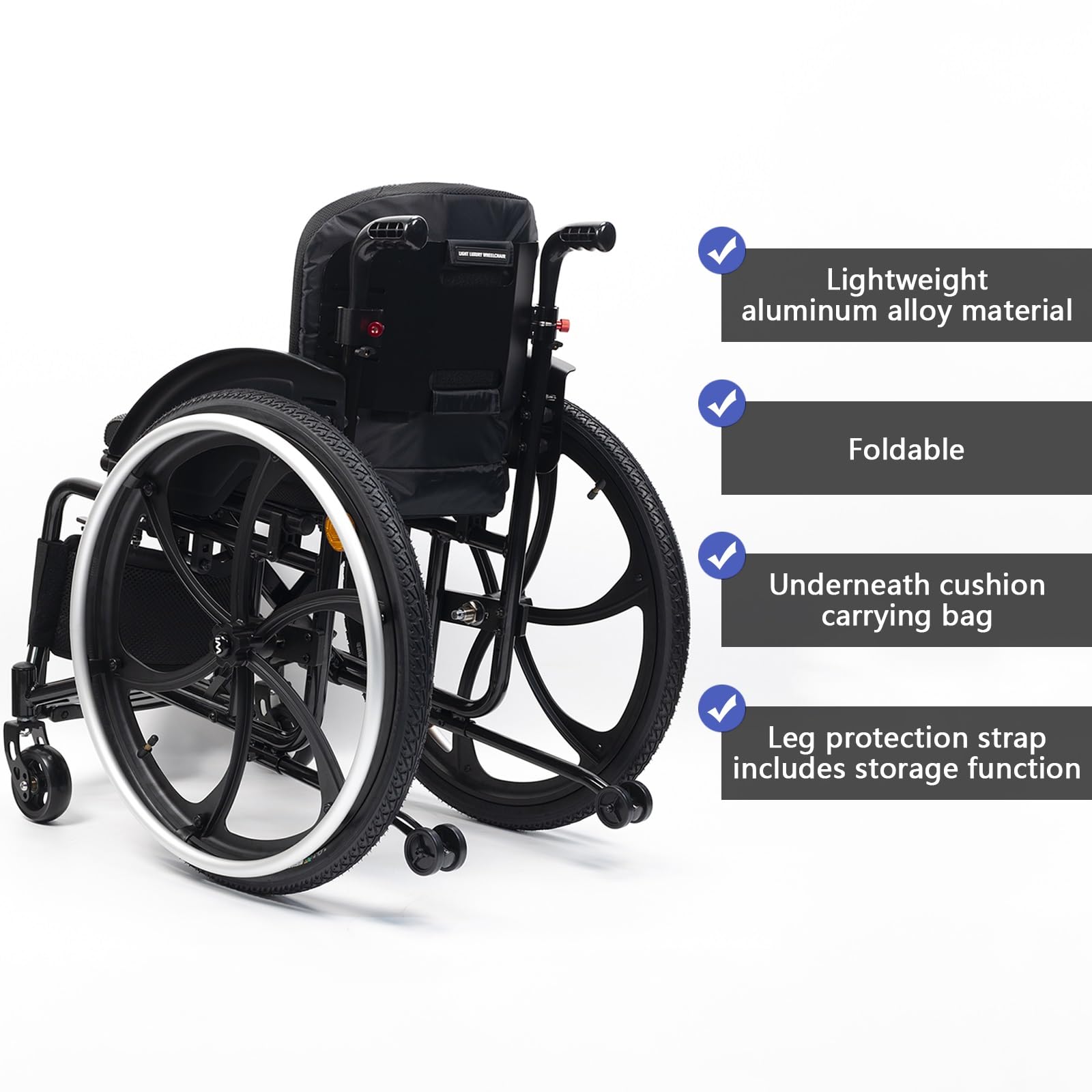 Sedia a rotelle sportiva for tutti i terreni, sedia a rotelle manuale semovente, pieghevole, portatile, lega di alluminio, nero, stile moderno, capacità di carico di 220 libbre(42cm/16.5in)