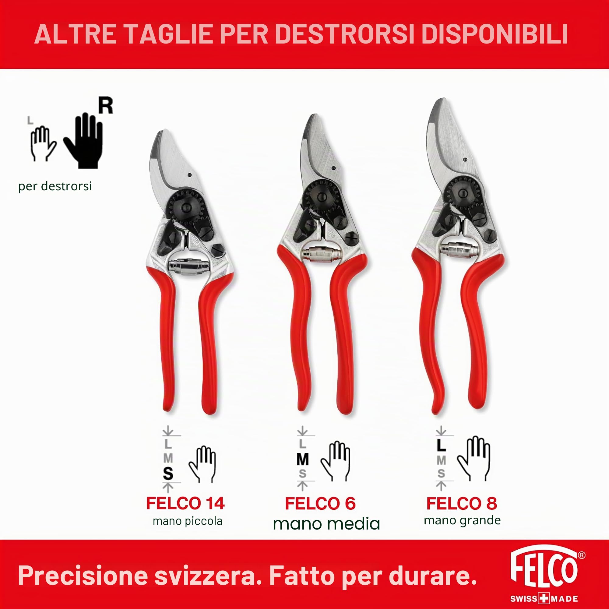FELCO 32 Cesoia a Incudine, Mano Destra e Sinistra, Mano Grande, Capacità di Taglio 25mm, Lama a Incudine in Ottone Curva, Manici in Alluminio Forgiato, Made in Switzerland, Garanzia a Vita