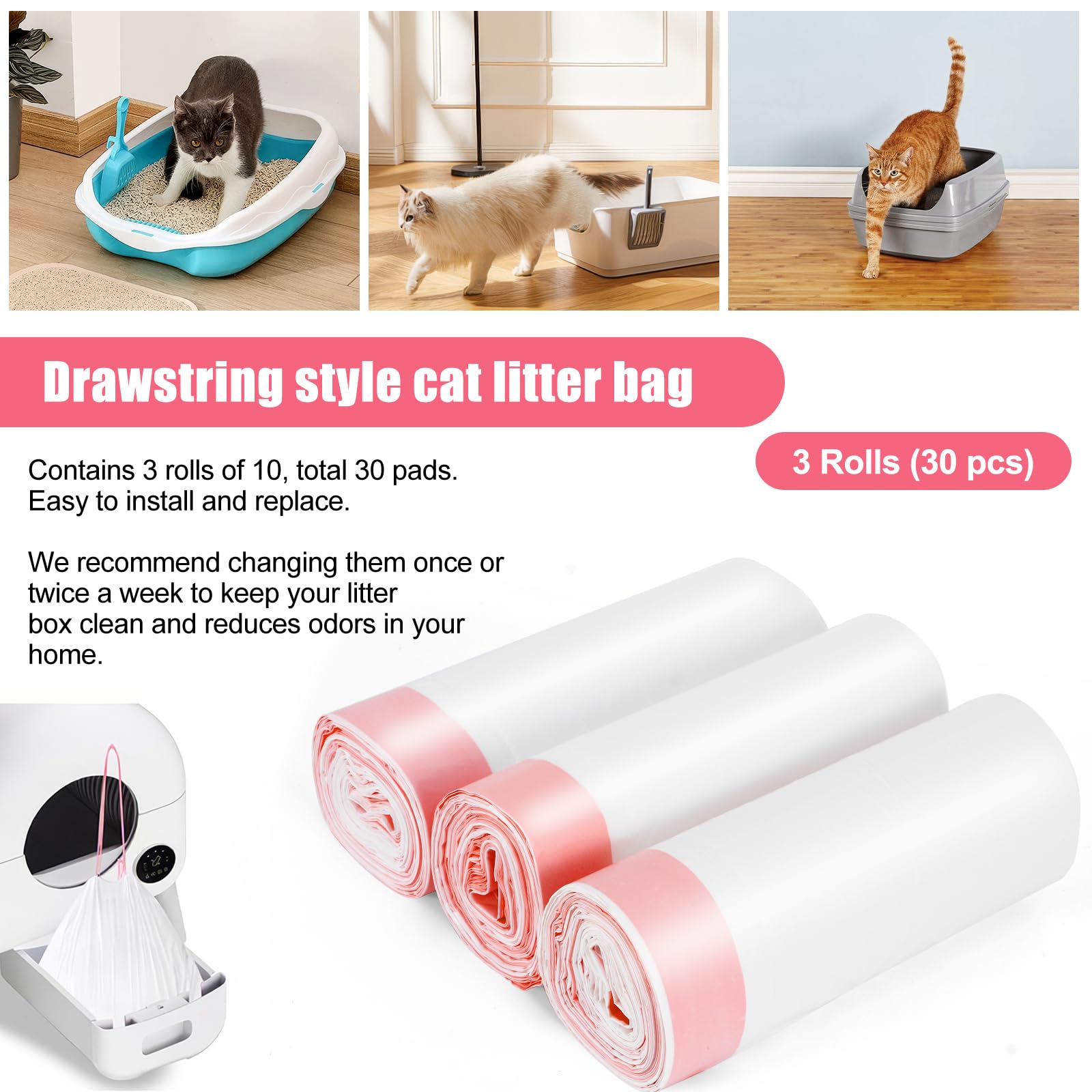 Cat Litter Tray Liners, 30PCS Cat Litter Bags Liners with Drawstring Scratch Resistant and Leak Proof - Image 4