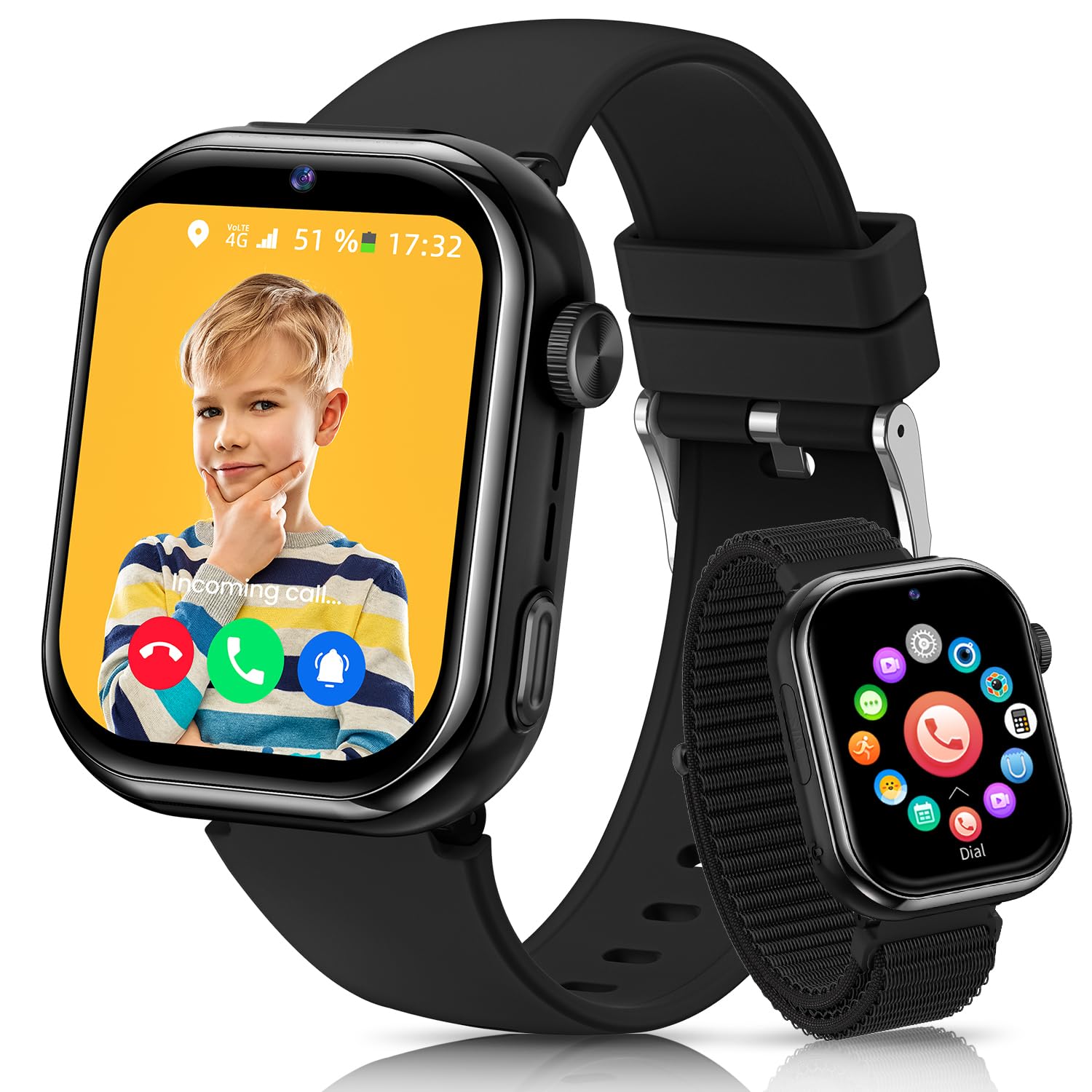 AIMIUVEI 4G Smartwatch Bambini, 1,83''HD Orologio Smartwatch Bambini con GPS e Chiamate, Batteria da 800 mAh, Videochiamate, Chat Vocale, WiFi/LBS/SOS/SMS, modalità Classe, Contapassi, Sveglia (Nero)
