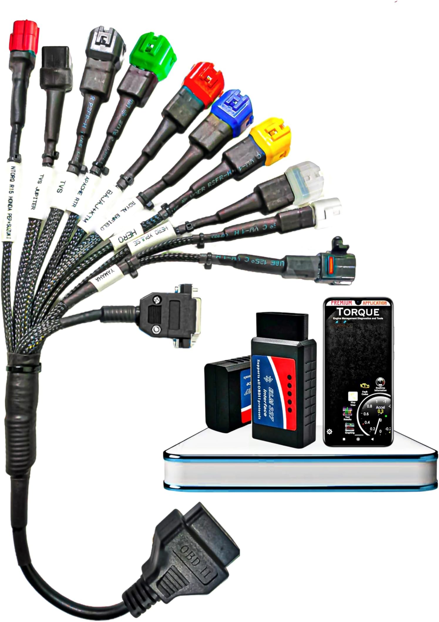 DANLITE TOOLS TECHNICIAN BS6-BS7 Bike Scanning Cable with Black OBD-II Scanner with Multi Colors Cable [11 Coplar] Connectivity Free Application