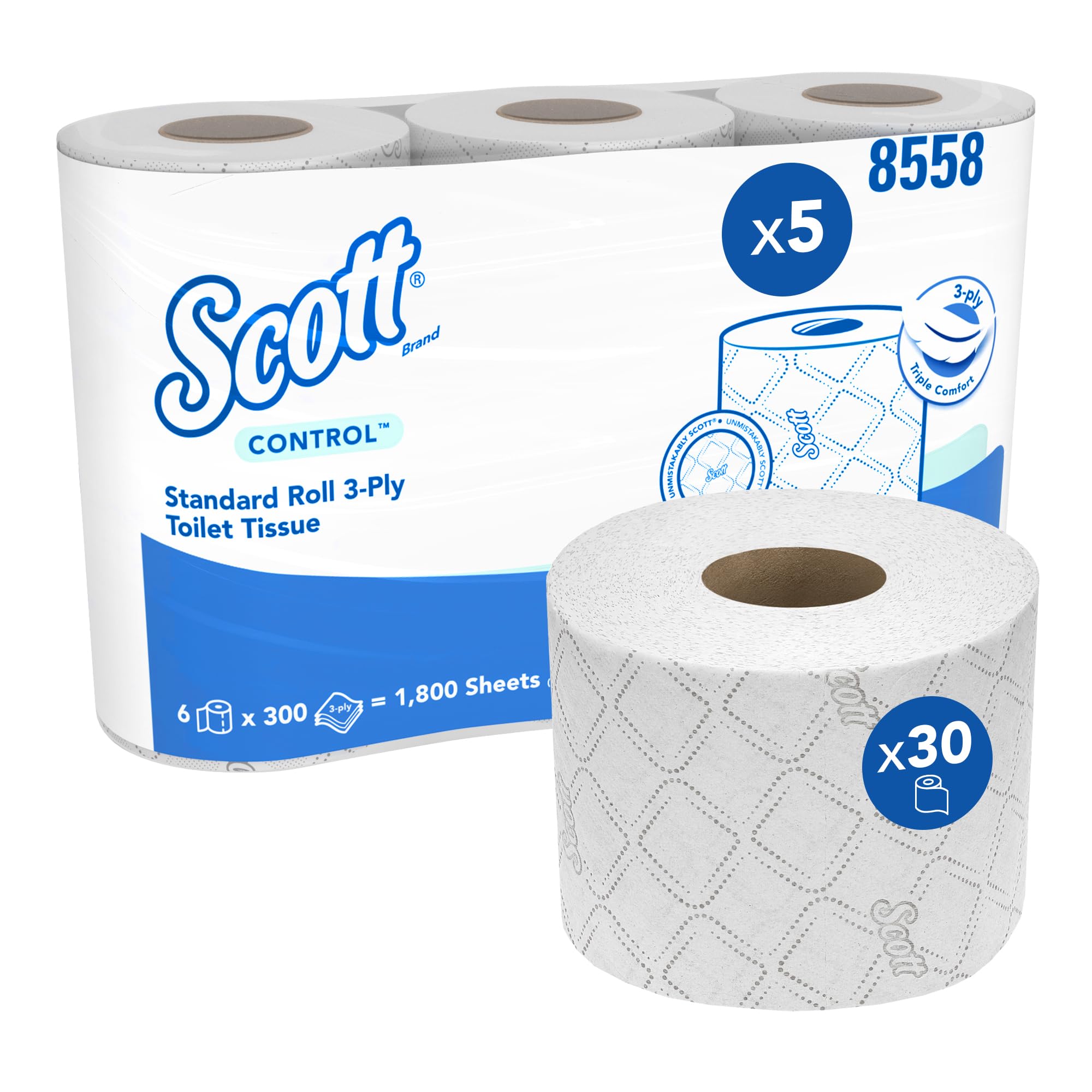 Scott Control Small Roll Toilet Tissue 8558-3 Ply Toilet Rolls - 5 Packs Of 6 X 300 Recycled, (30 Rolls / 9,000 Sheets Total) White