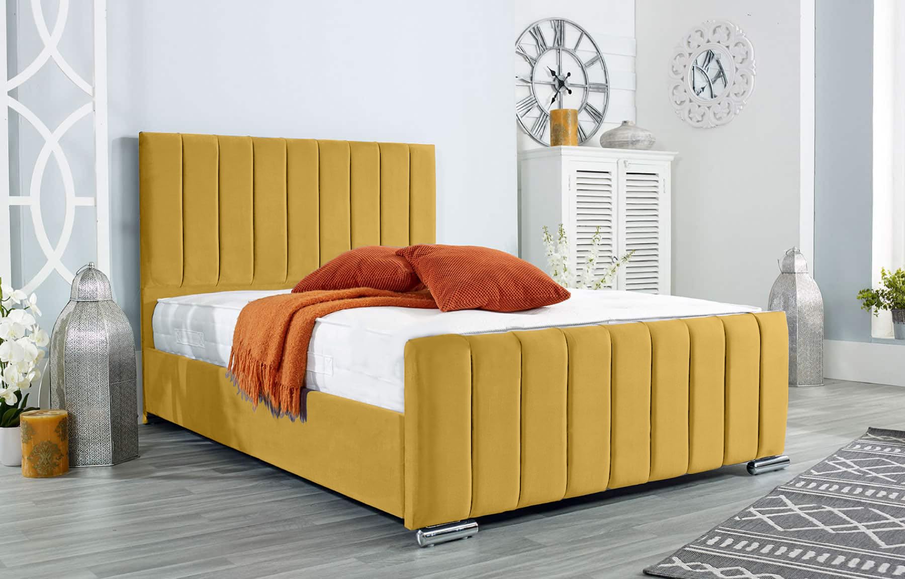 AuGold Beds Upholstered Panel Line 3FT Single Bed – Luxurious Mustard Plush Bed Frame with Headboard & Footboard – Durable Modern Panel Design for Stylish Compact Bedrooms (Single)