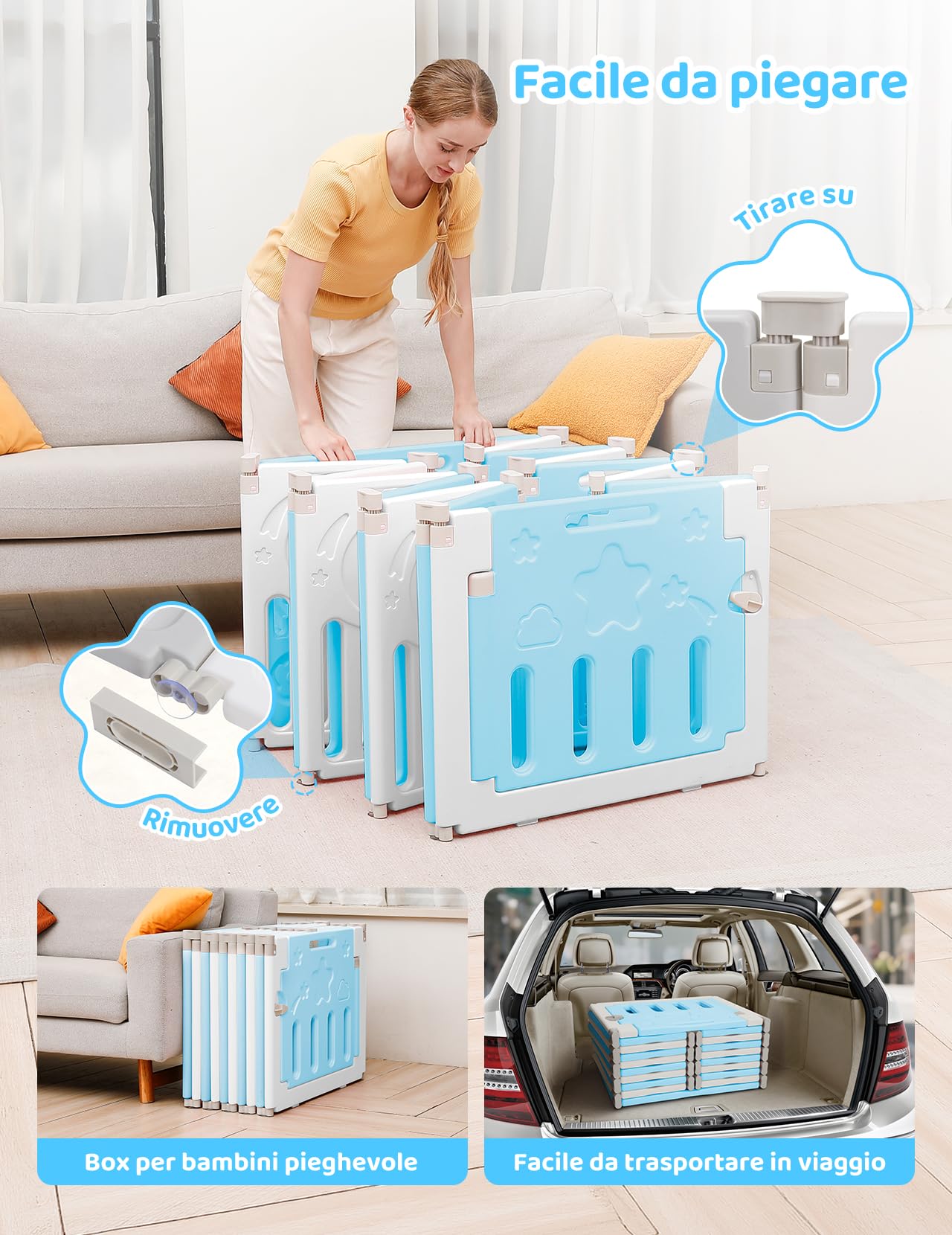 Dripex Box Bambini 150×150 cm, Recinto per Bambini Pieghevole, Box Neonato in Forma Adattabile, Recinto Neonato in Plastica, Blu