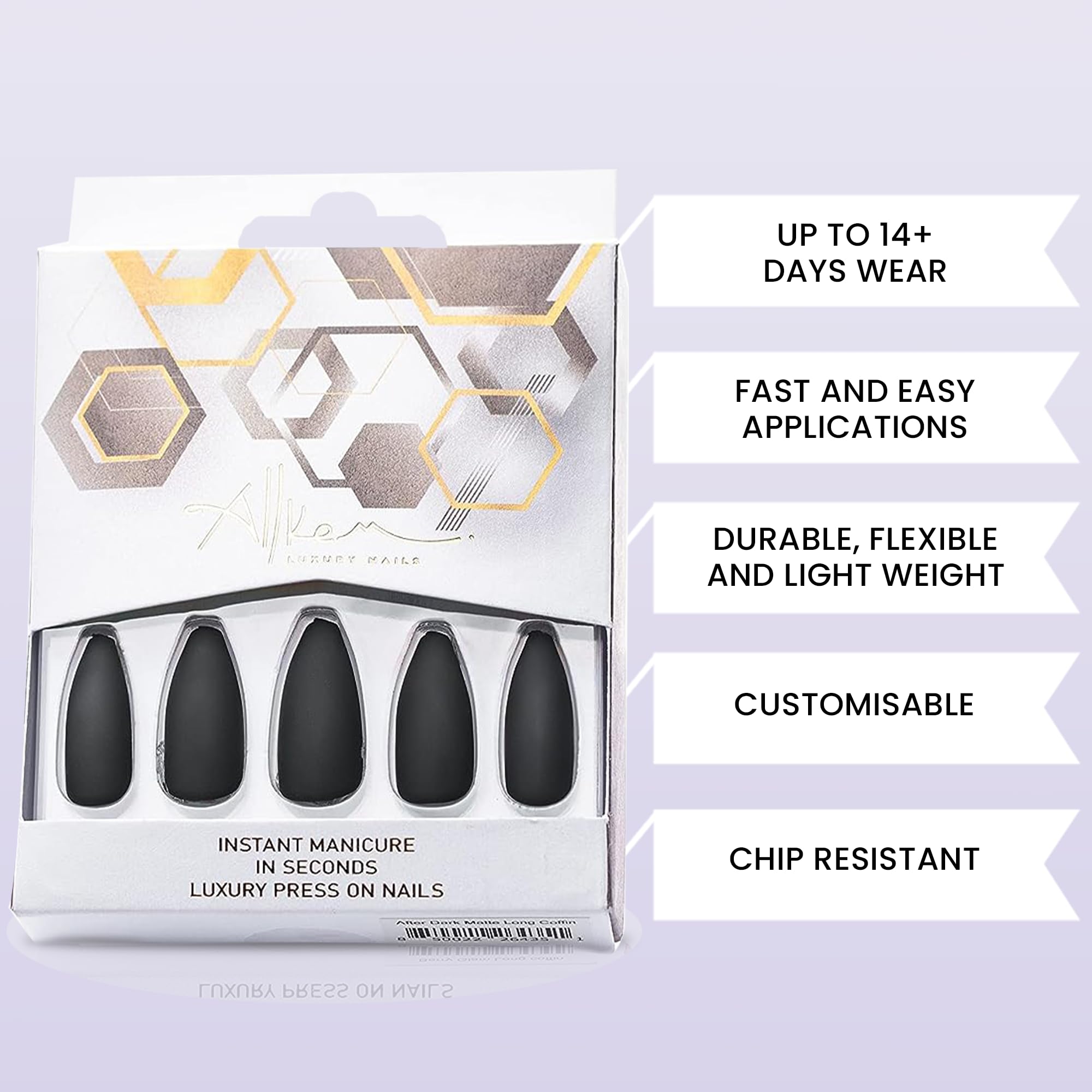 Allkem After Dark Matte Press on Nails | Matte Long coffin | 10 sizes - 20 pcs Ballerina Nail kit with Glue