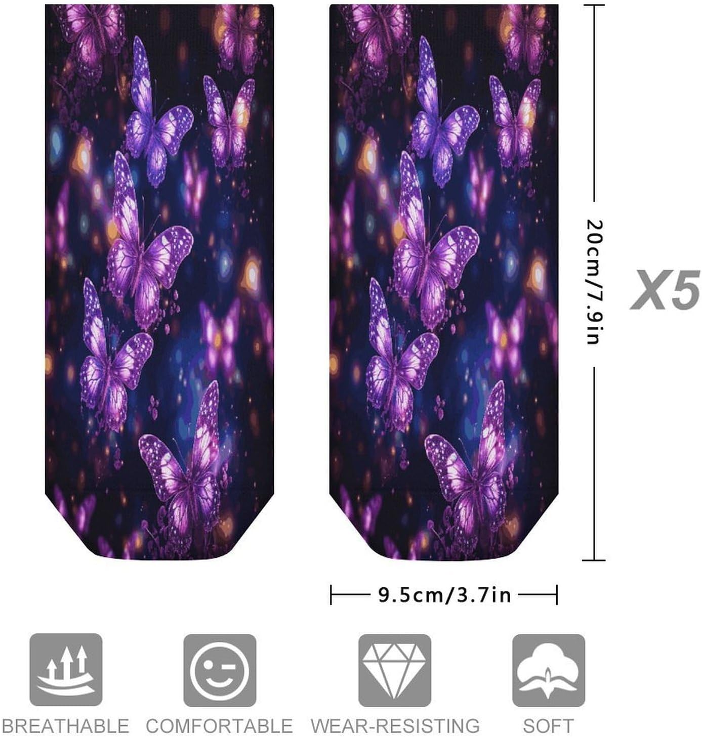 Purple Cute Butterfly Print Ankle Sock,Cushioned Crew Socks Low Cut Compression Running Sock with Ankle Support for Men Women(5 Pairs)