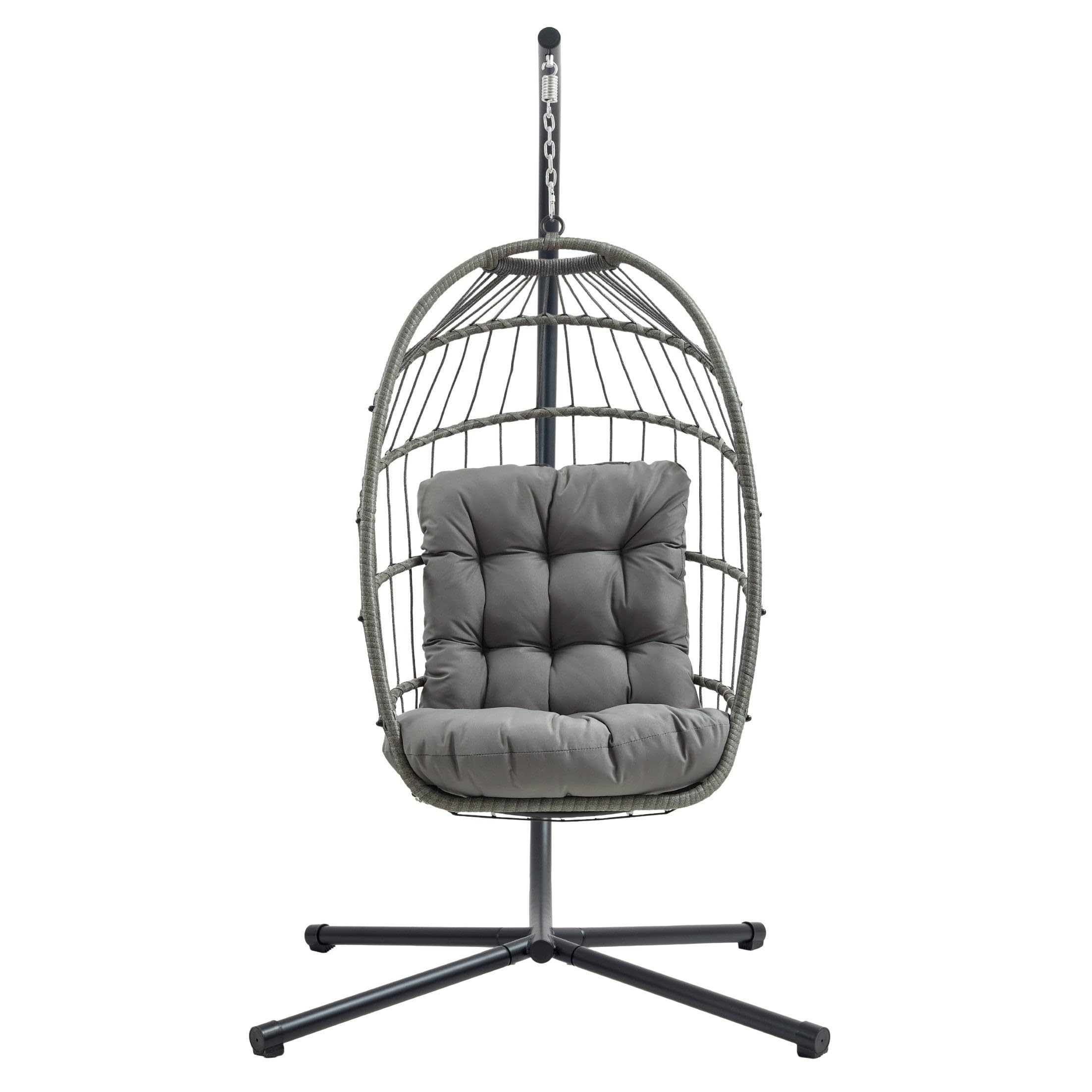 Hanging Egg Chair Grey Rattan Swing Garden Hammock Folding Seat Furniture With 15cm Thick Cushion Steel Stand 150kg Weight Capacity Outdoor Indoor Patio Balcony UV Resistant FREE Waterproof Zip Cover